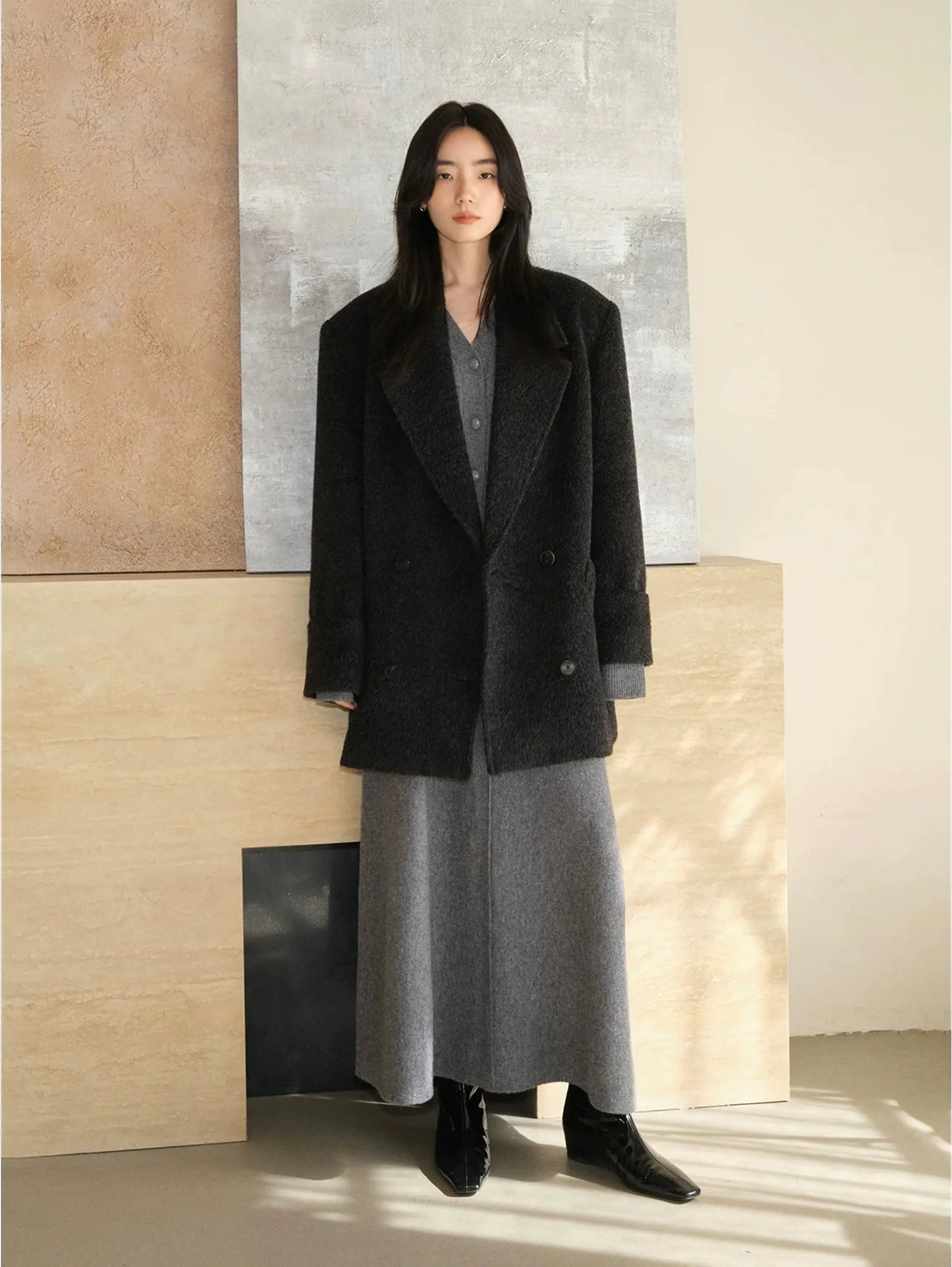 Heavy Wool V-Neck Cardigan and Skirt Set - Image 2