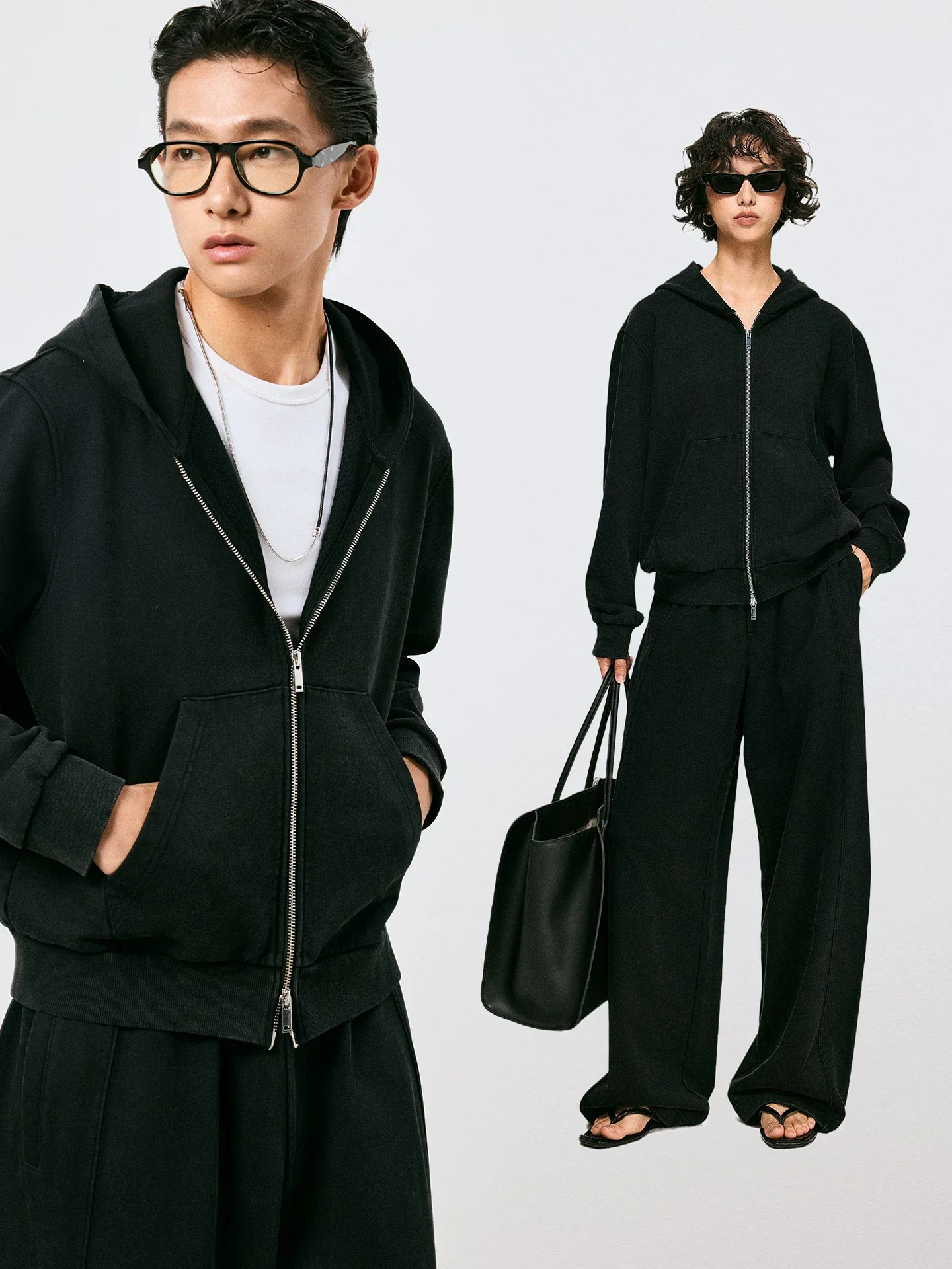 Heavyweight Boxy Zip-Up Hoodie in Snow-Washed Black