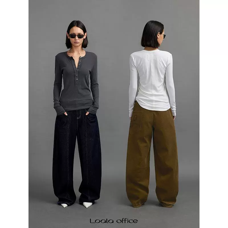 Henley Collar Irregular Hem Long Sleeve T-shirt