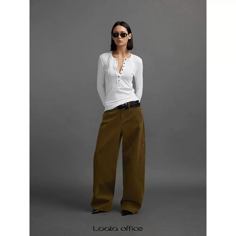 Henley Collar Irregular Hem Long Sleeve T-shirt - Image 2