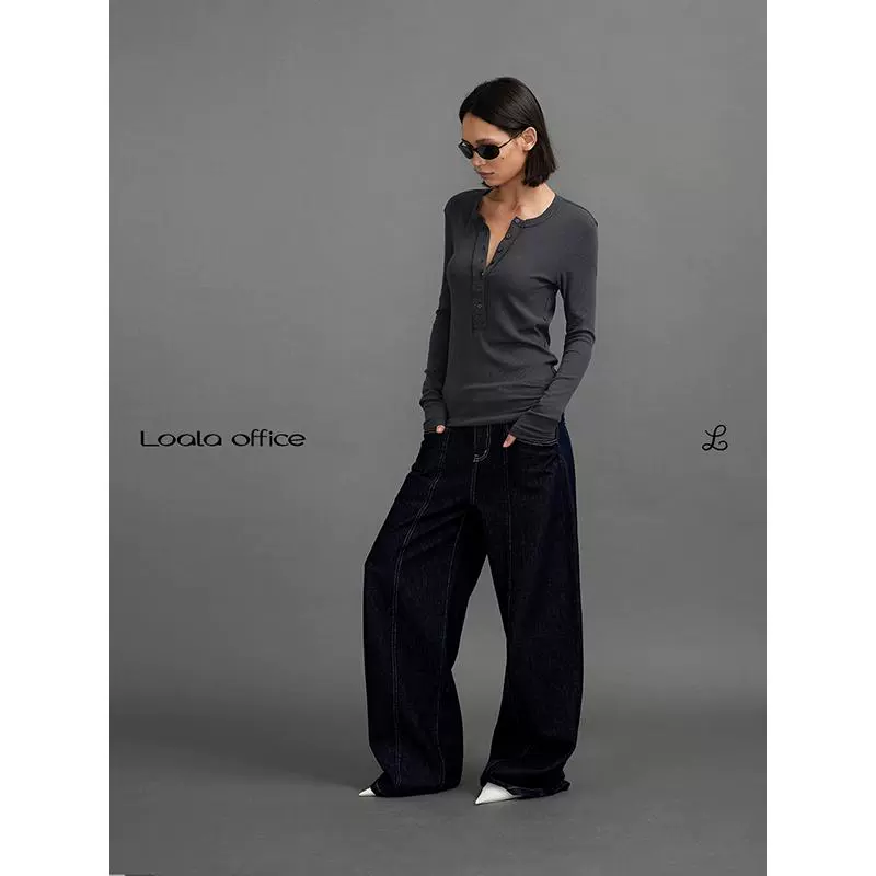 Henley Collar Irregular Hem Long Sleeve T-shirt - Image 4