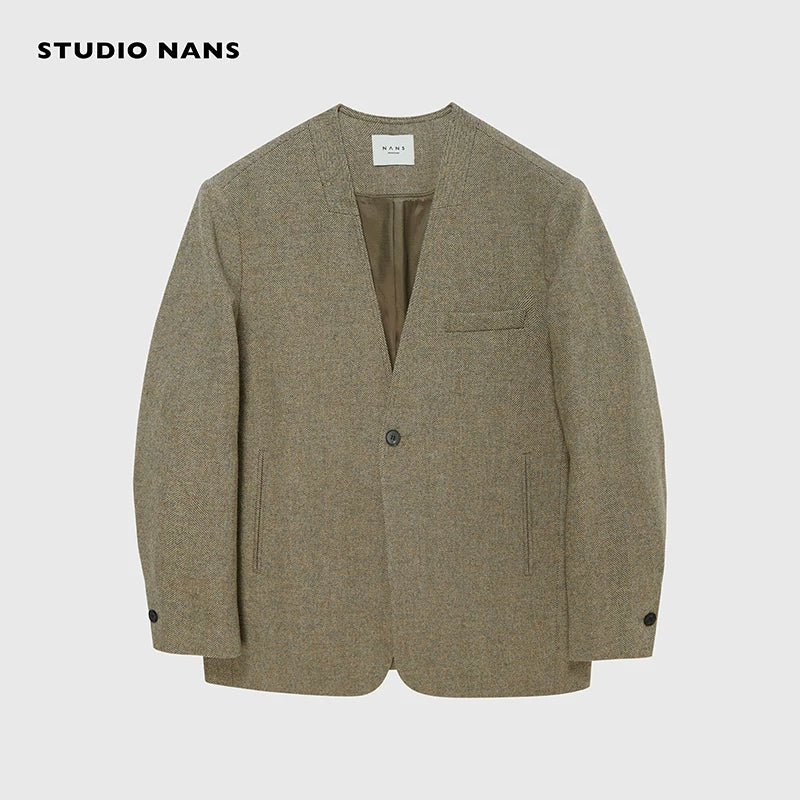 Herringbone Collarless Wool Suit - Image 6