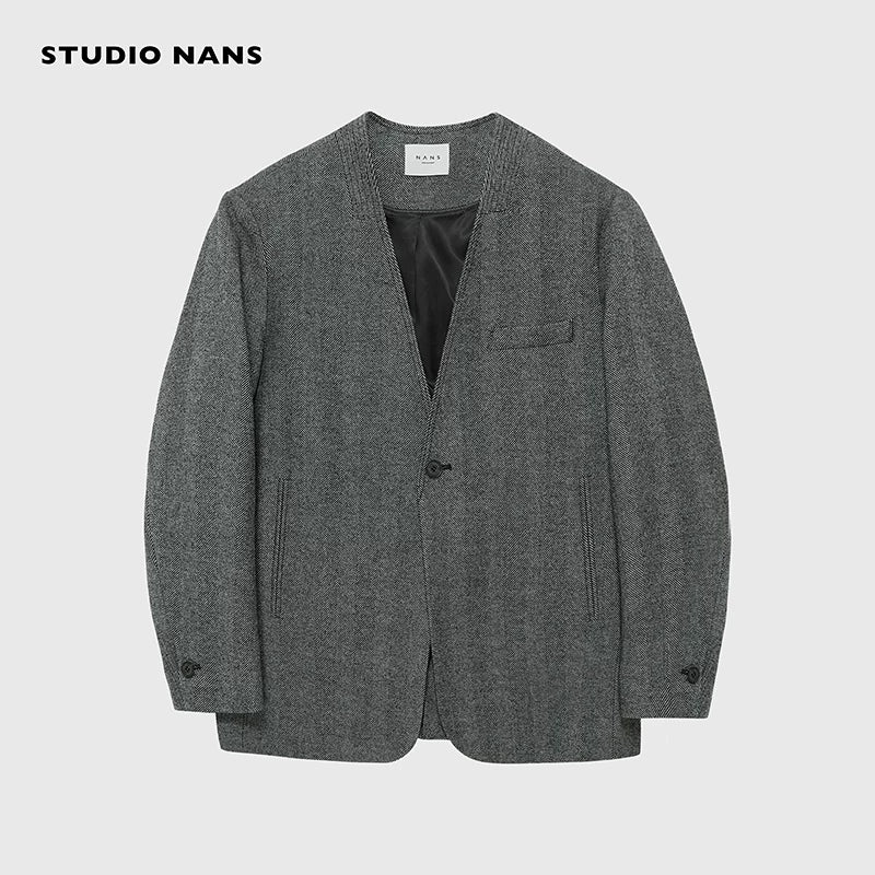 Herringbone Collarless Wool Suit - Image 7