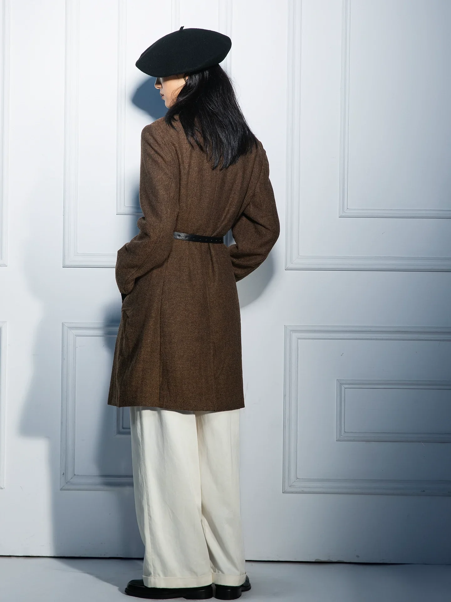 Herringbone Tweed Belted Overcoat