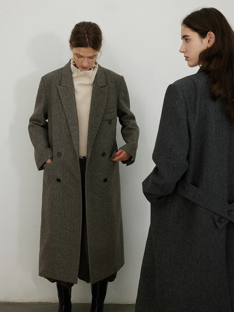 Herringbone Wool-Blend Long Coat