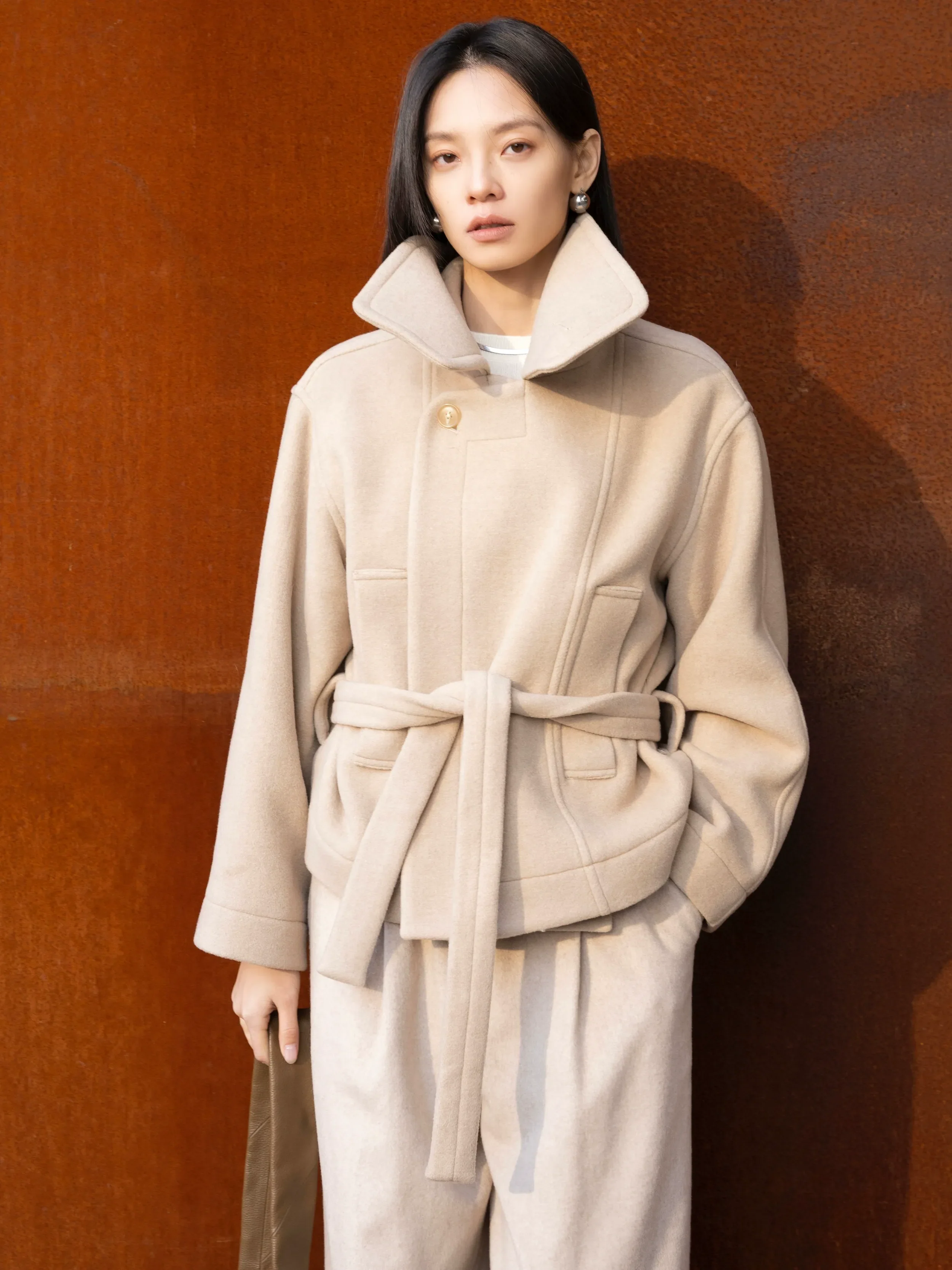 High-Collared Belted Wool Coat