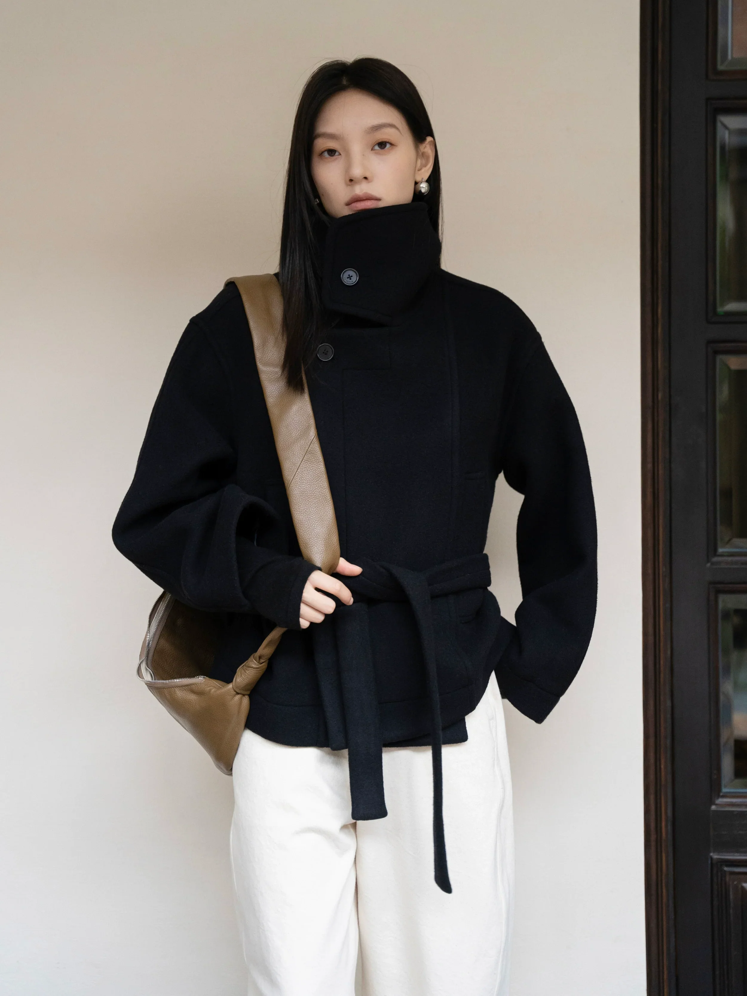 High-Collared Belted Wool Coat - Image 2
