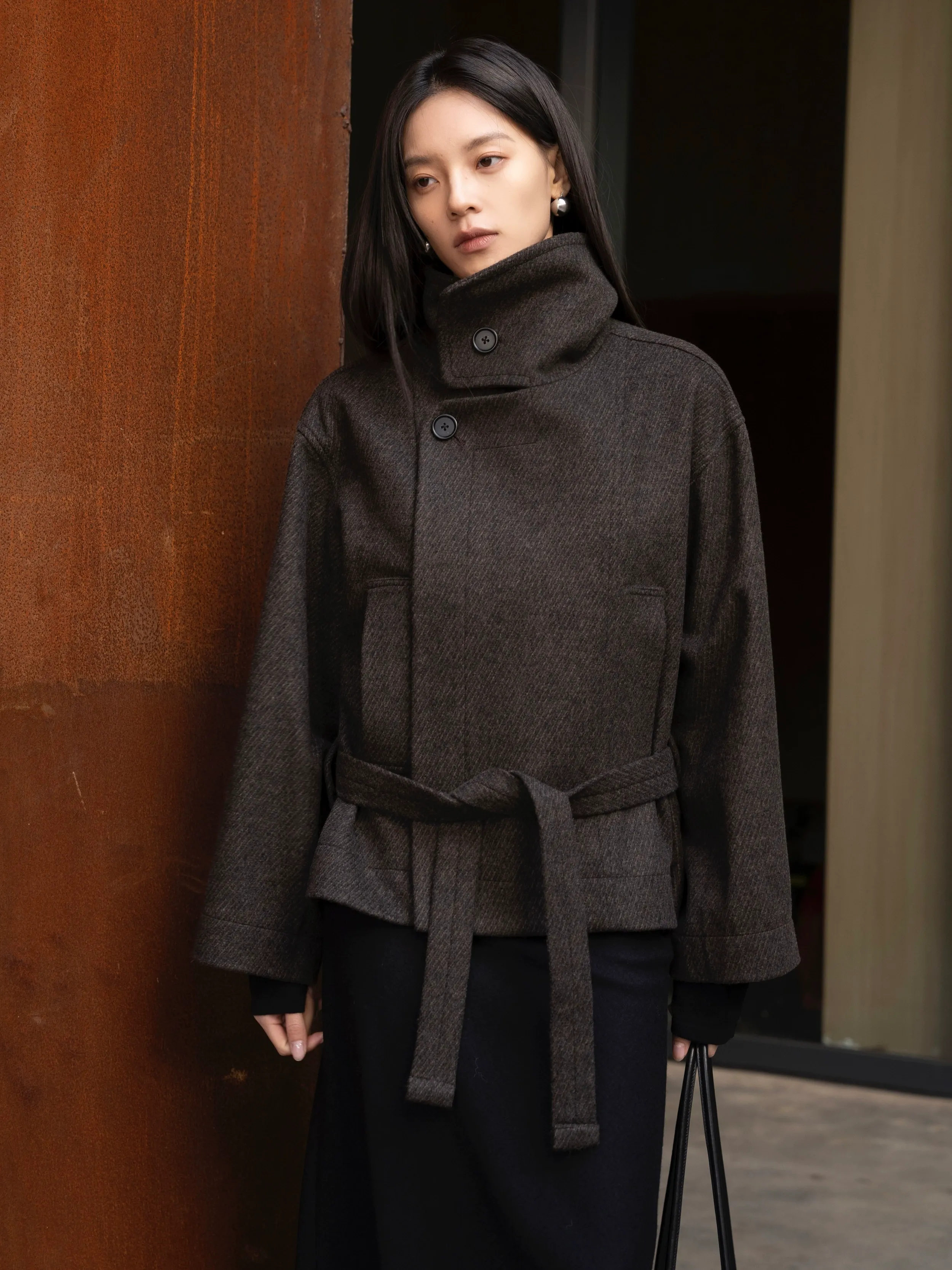 High-Collared Belted Wool Coat - Image 4