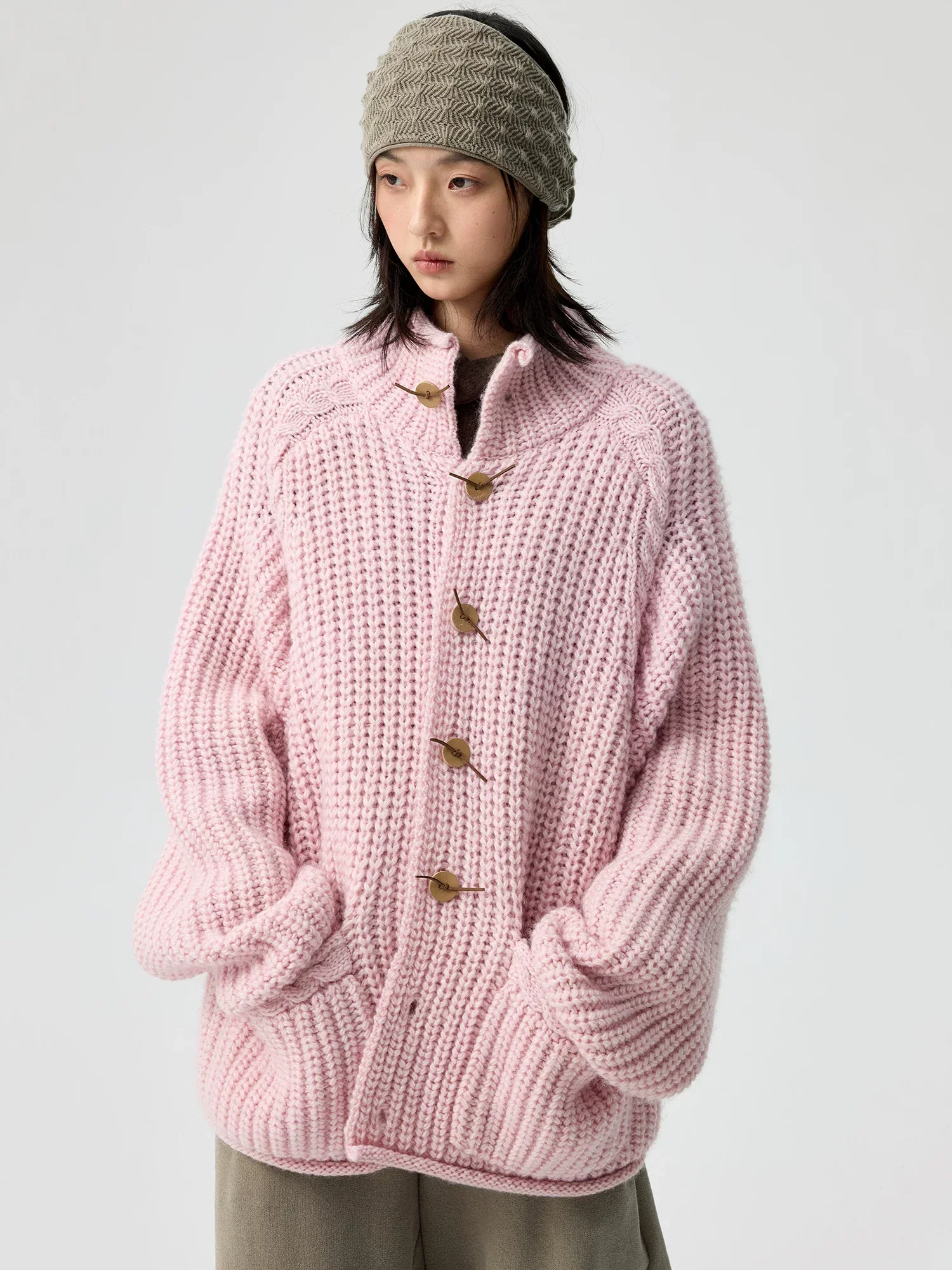 High-Neck Faux Leather-Toggle Cardigan
