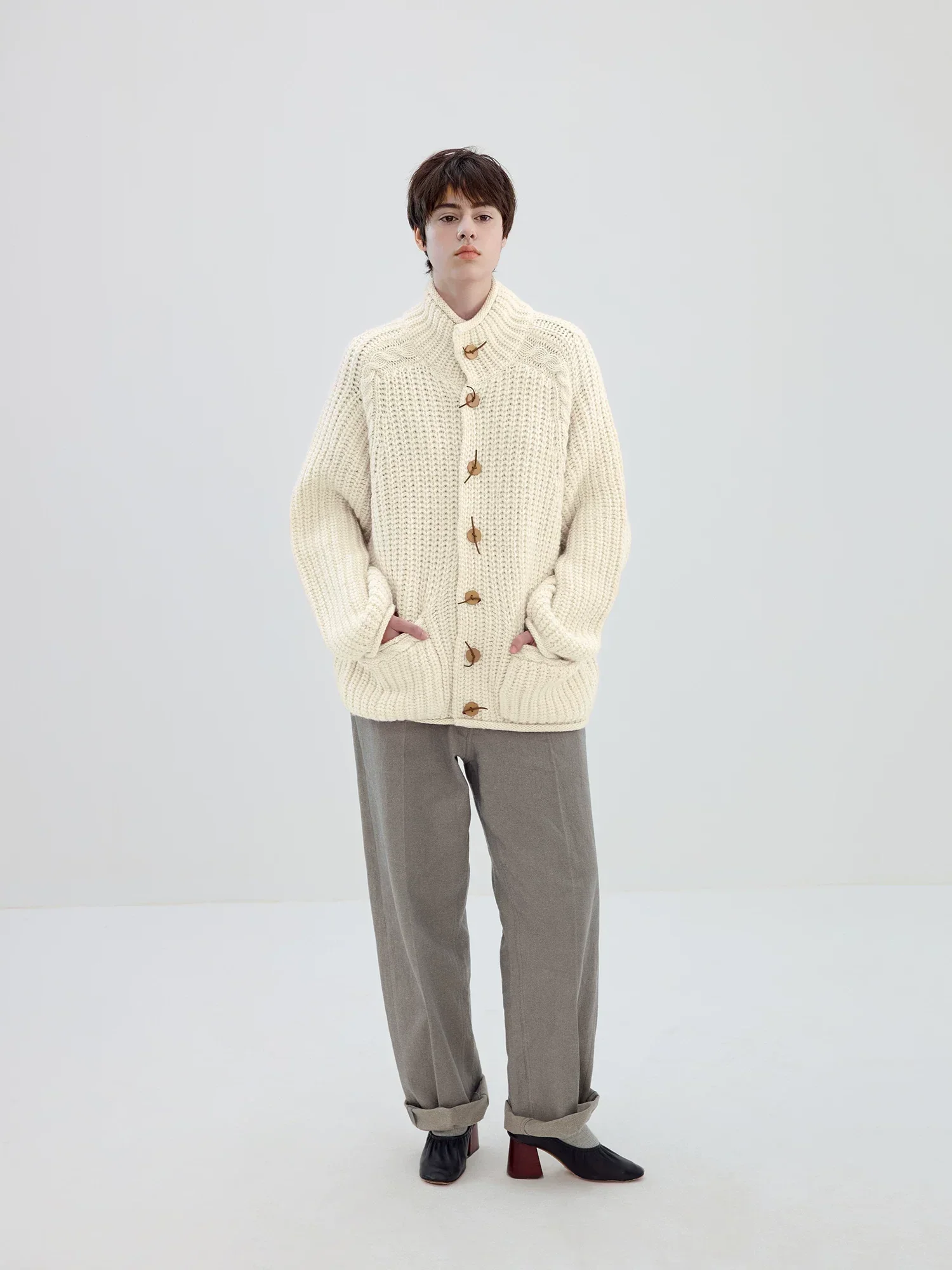 High-Neck Faux Leather-Toggle Cardigan - Image 4