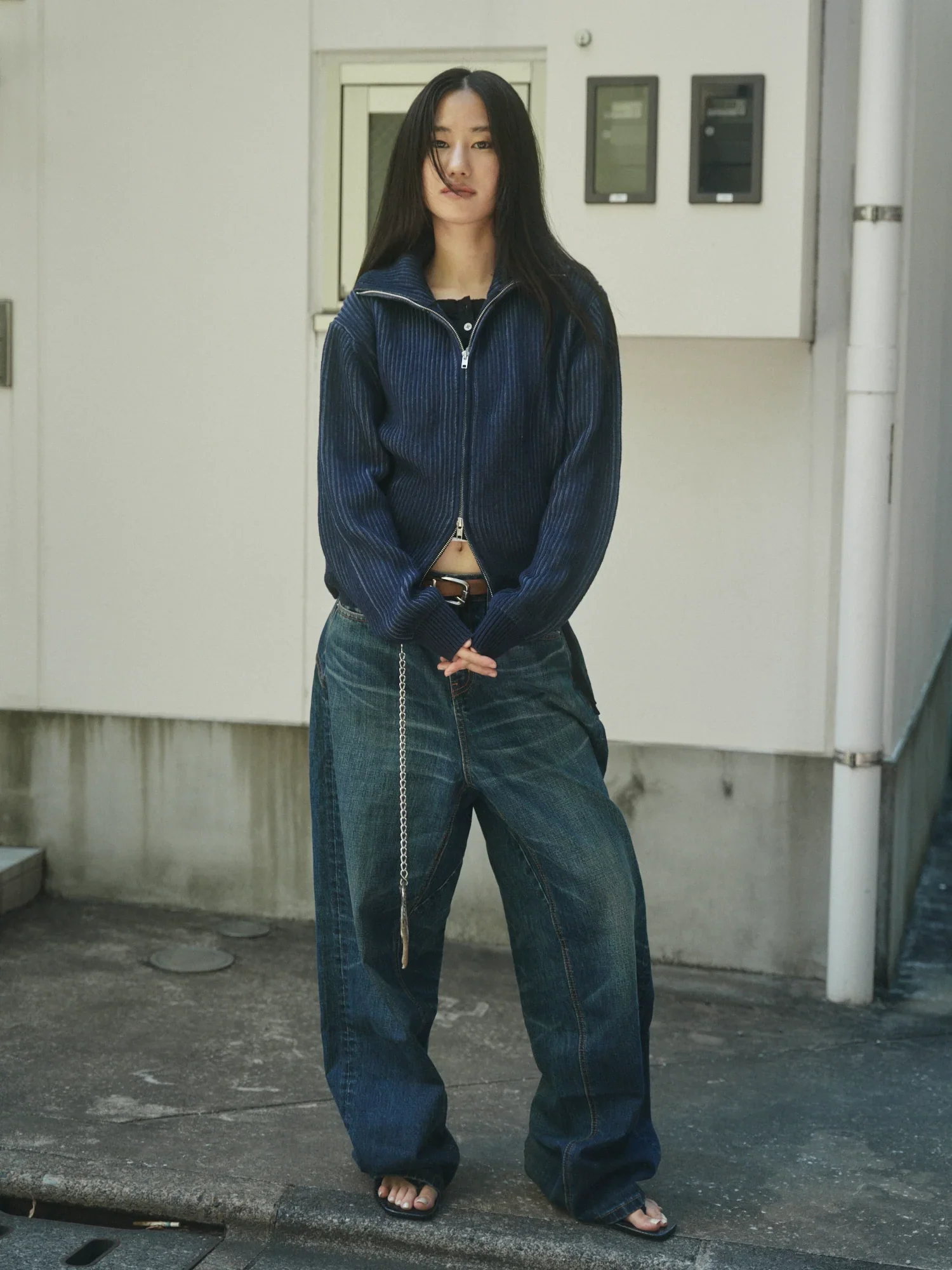 High-Neck Ribbed Zip Cardigan - Image 3