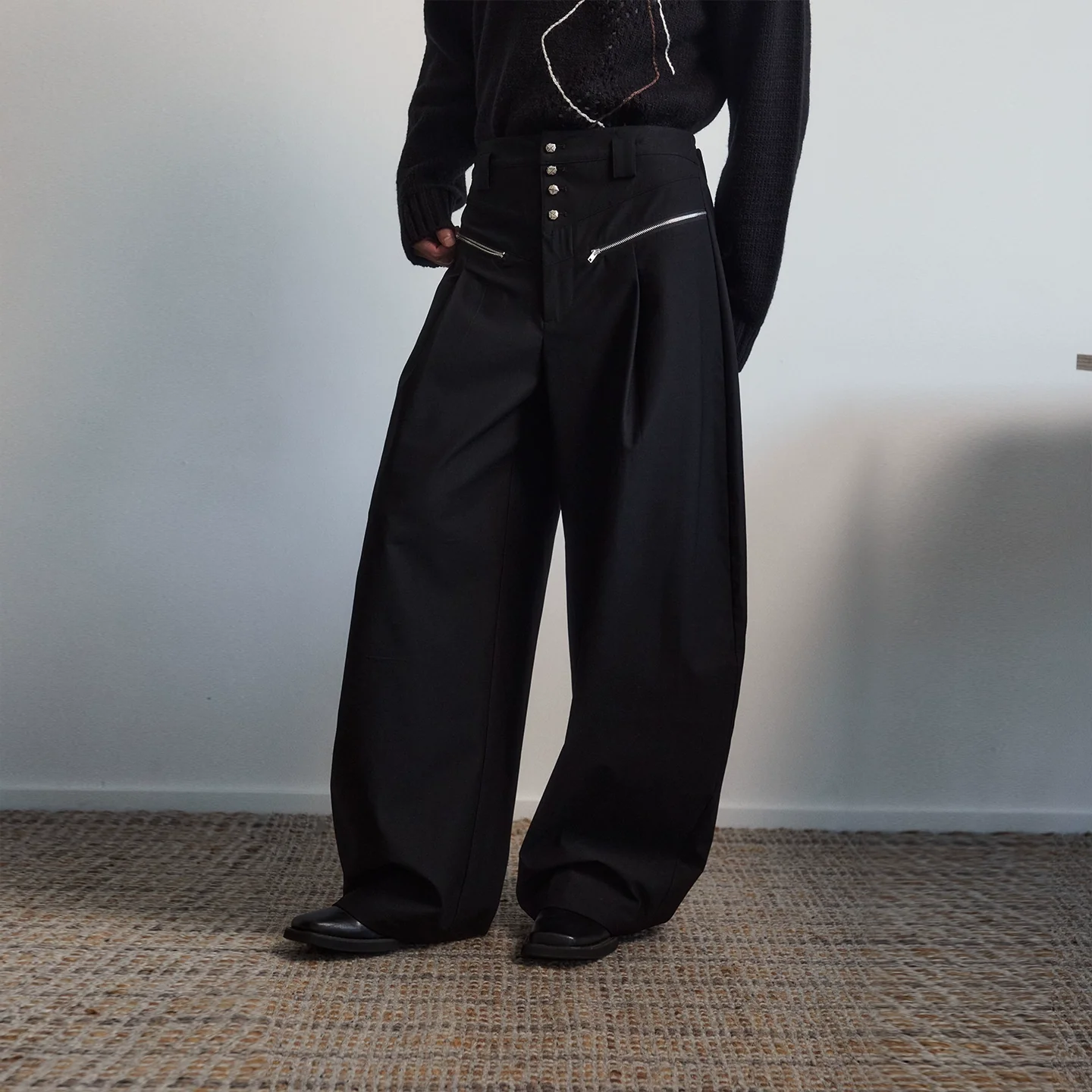High-Rise Zip-Pocket Wide-Leg Trousers