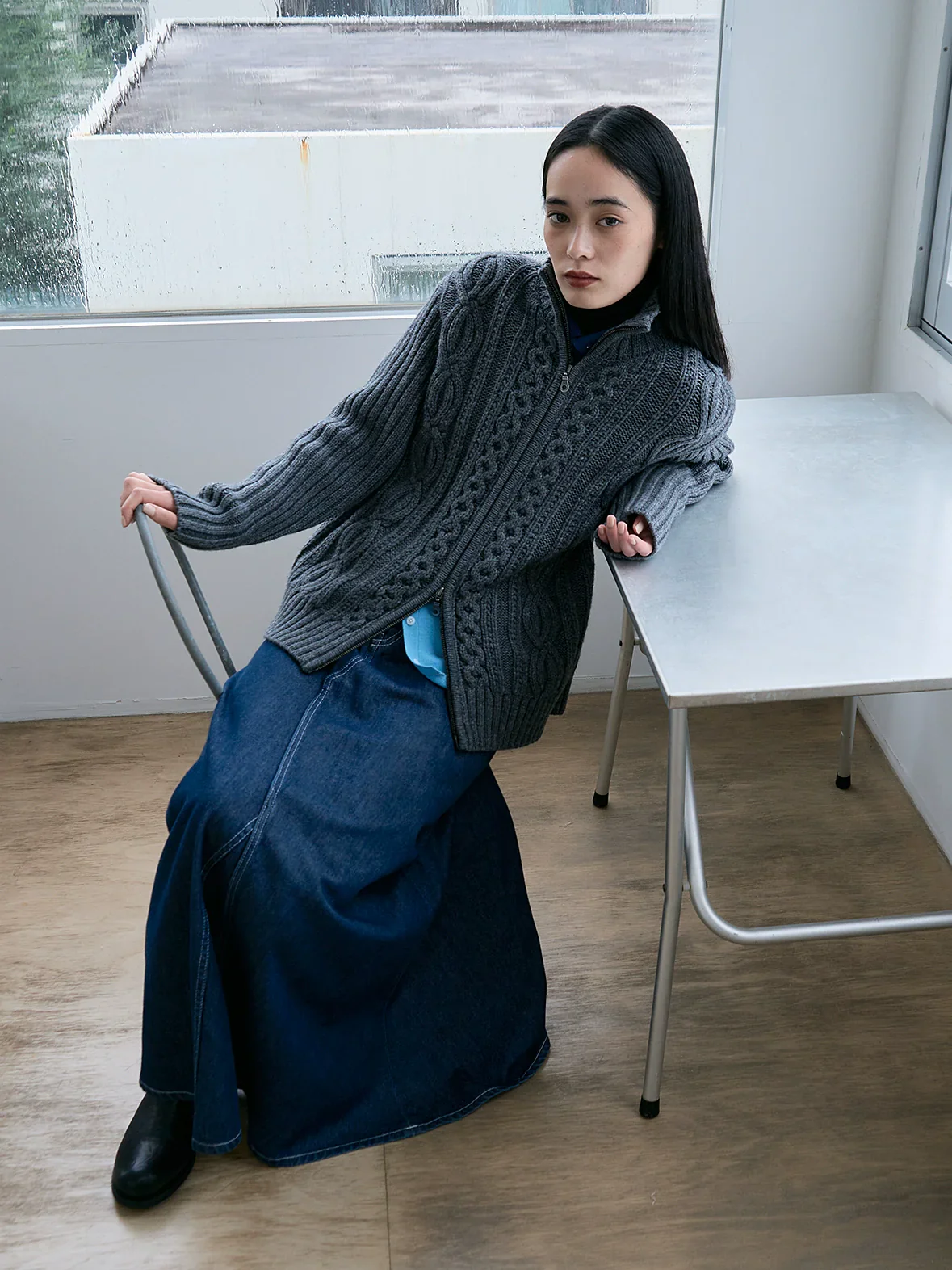 High-Waist A-Line Denim Maxi Skirt