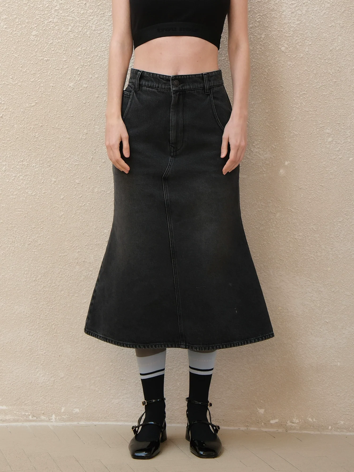 High-Waist Fishtail Denim Midi Skirt