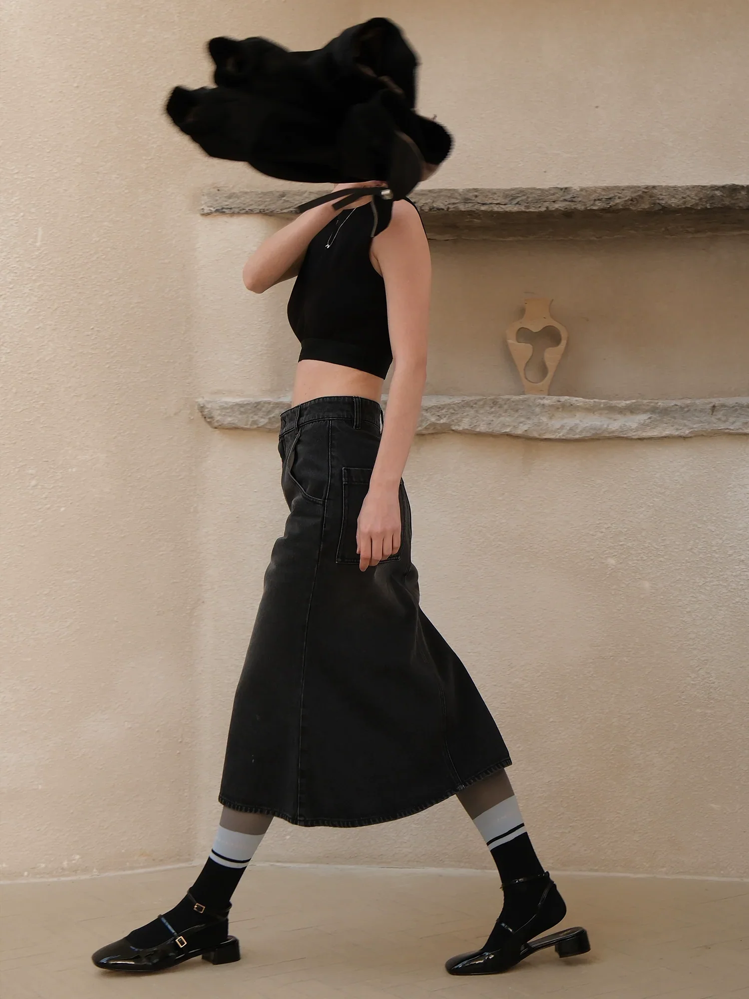 High-Waist Fishtail Denim Midi Skirt - Image 3