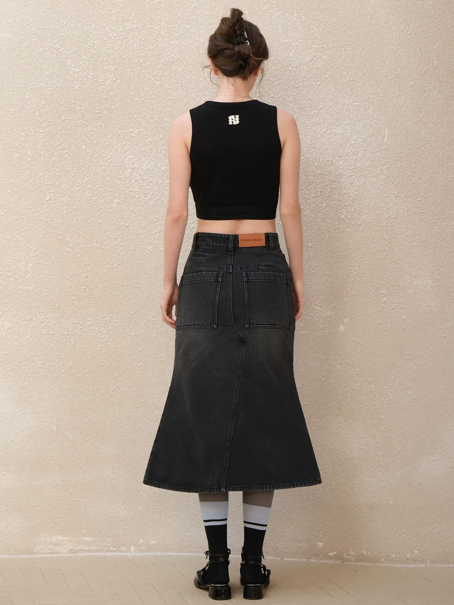 High-Waist Fishtail Denim Midi Skirt - Image 5