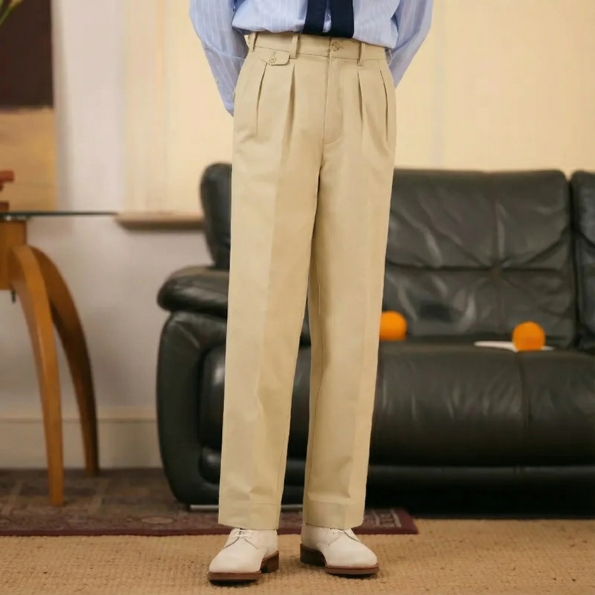 High-Waist Pleated Khaki Trousers - Image 6