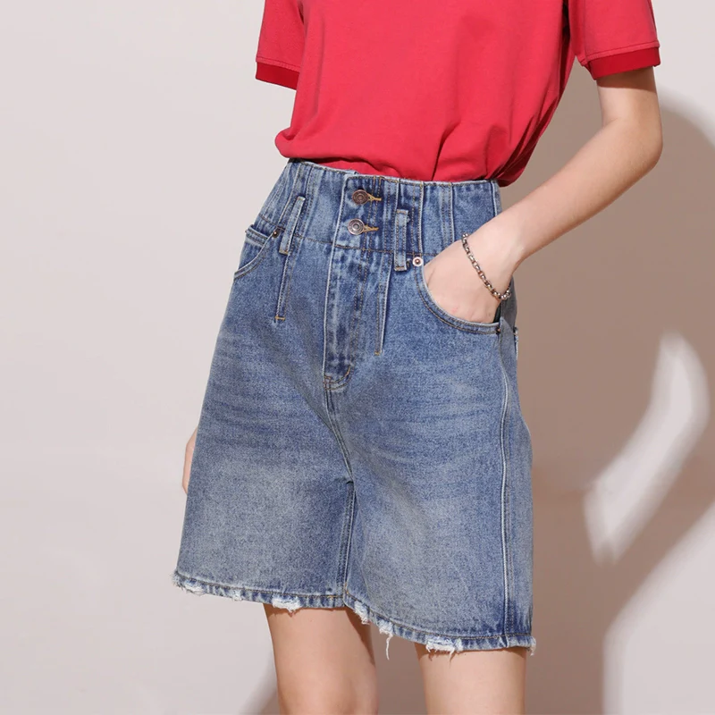 High-Waist Washed Denim Bermuda Shorts - Image 5