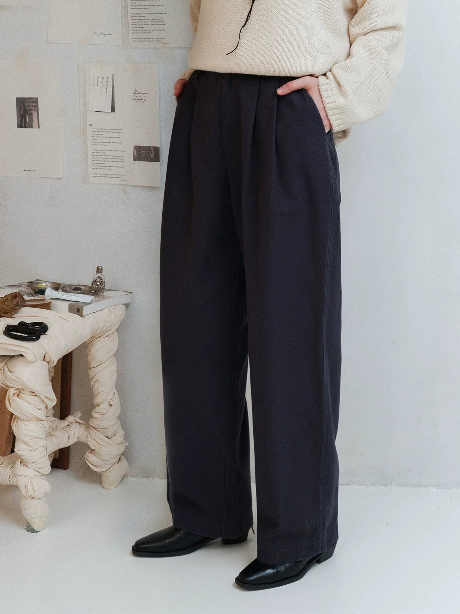 High-Waisted Pleated Cotton Wide-Leg Trousers