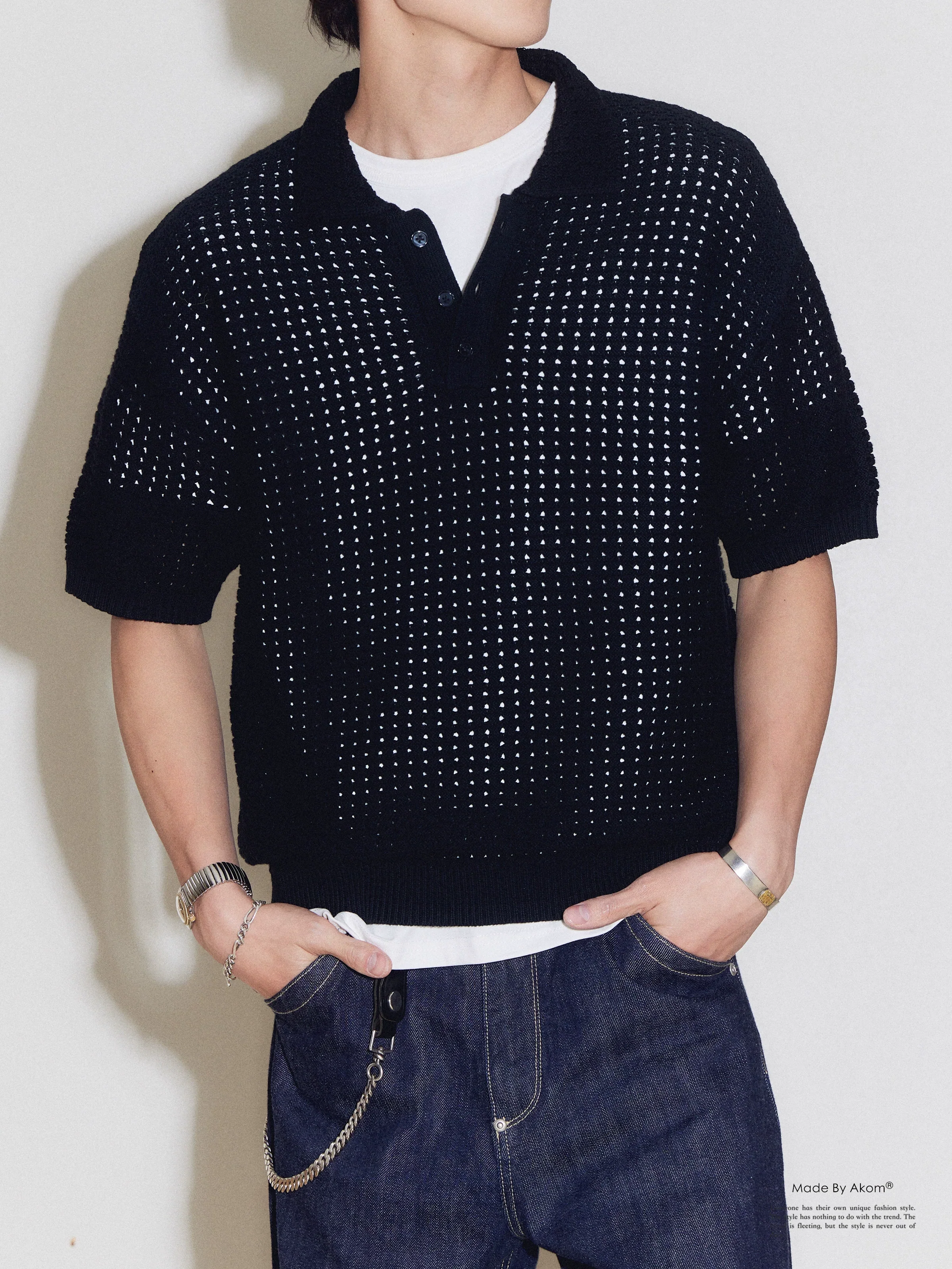 Hollow-Knit Lapel Polo Shirt - Image 5