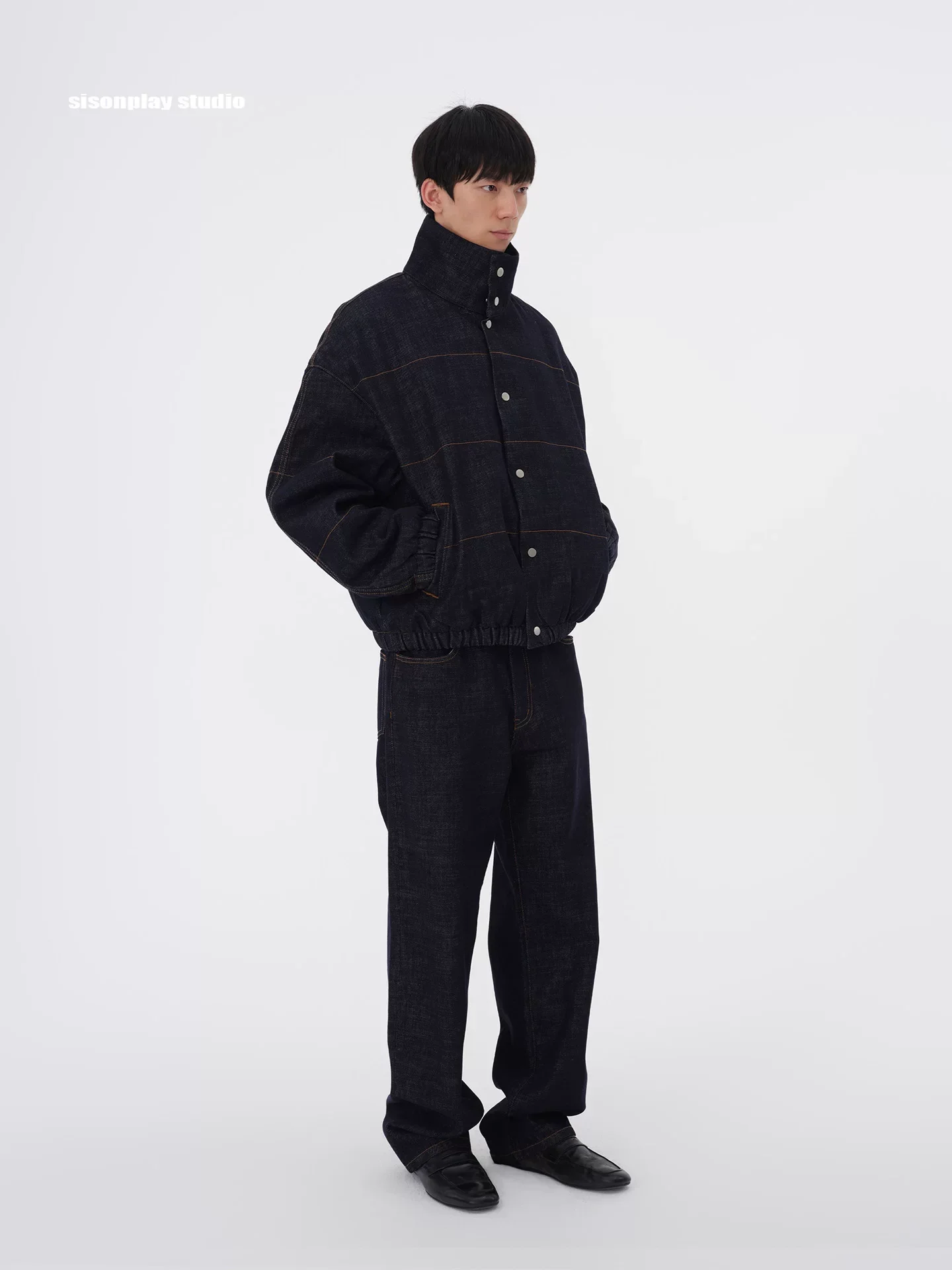 Indigo Denim Stand-Collar Puffer Jacket - Image 2