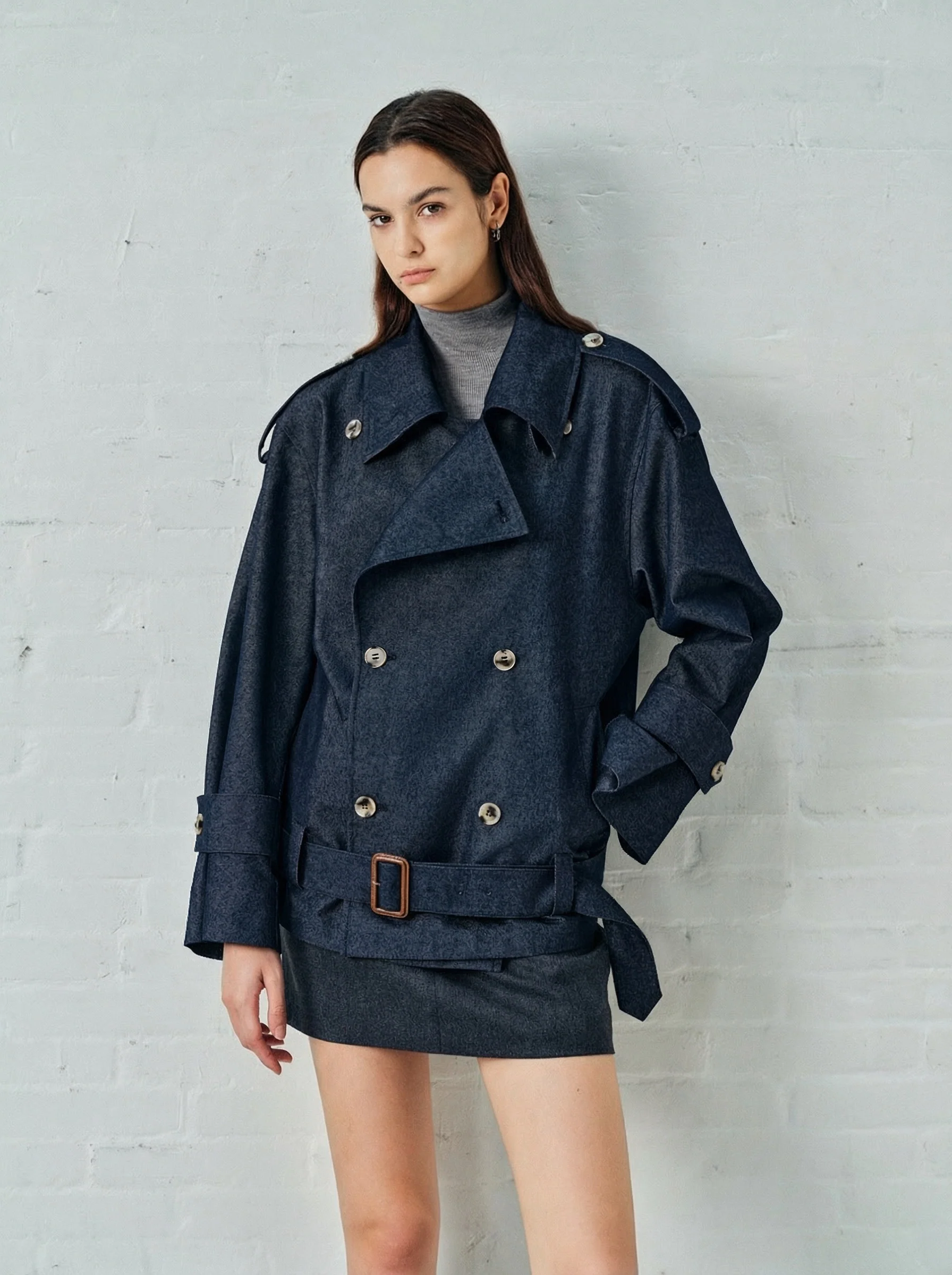 Indigo Faux Denim Trench Jacket - Image 4