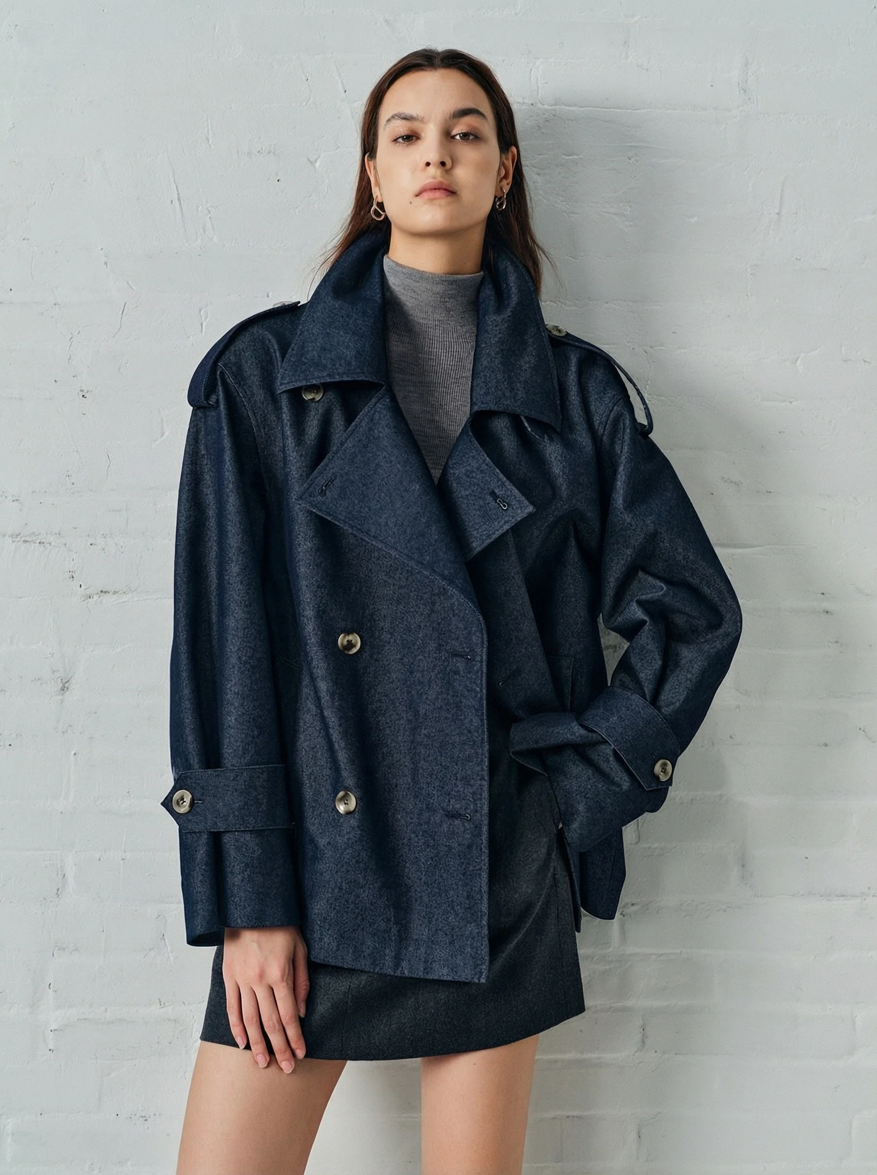 Indigo Faux Denim Trench Jacket - Image 5