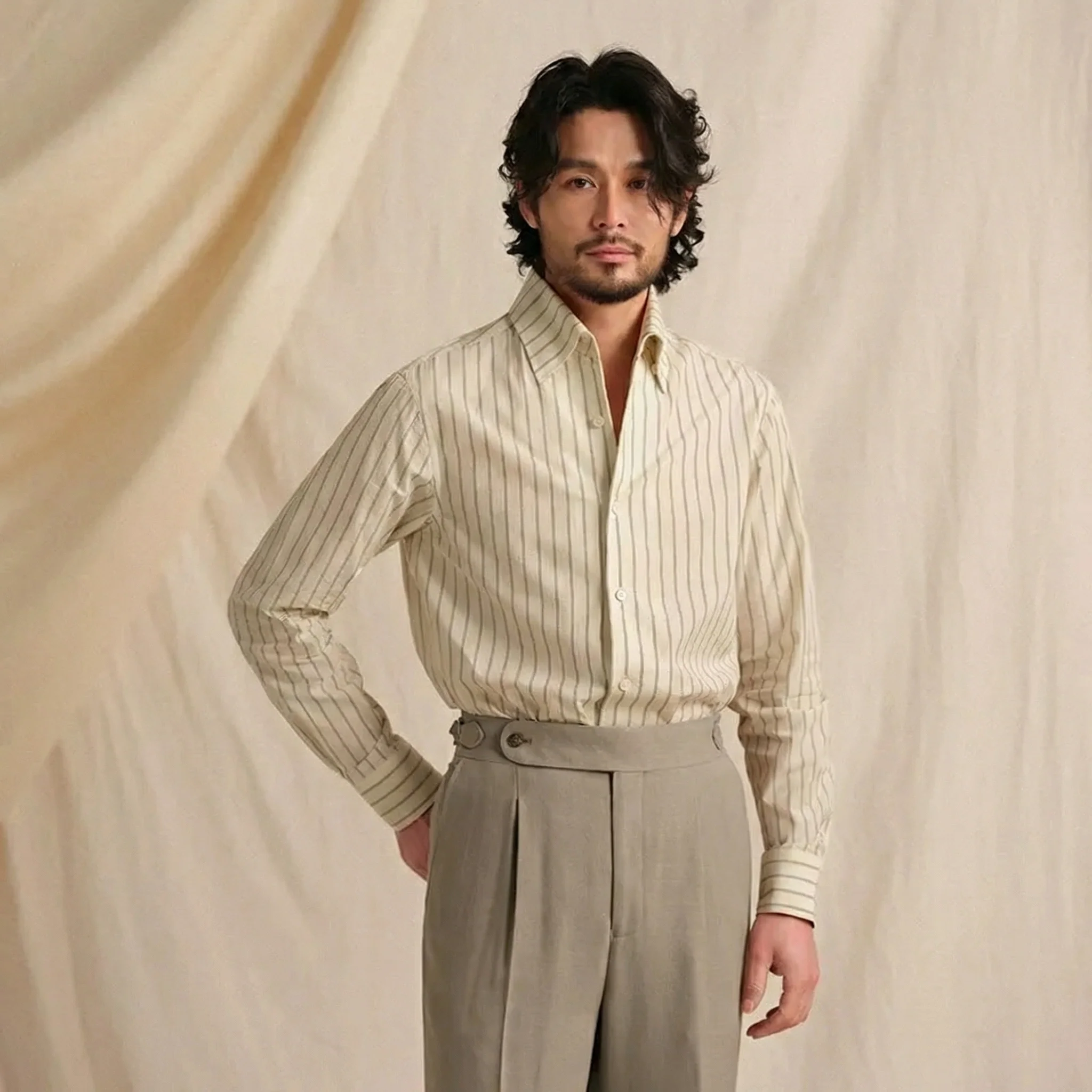 Italian One-Piece Collar Stripe Shirt - Image 7