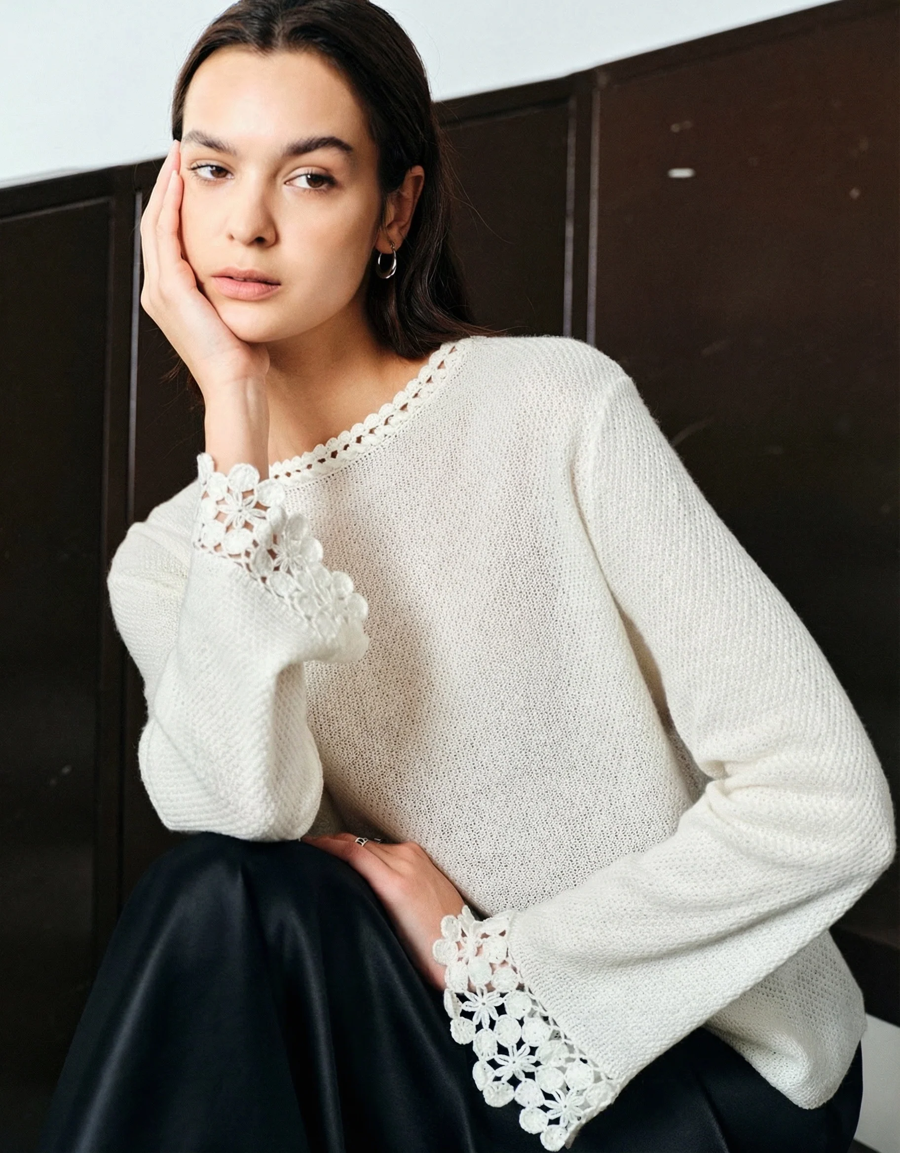 Ivory Crochet Lace Knit Pullover - Image 2