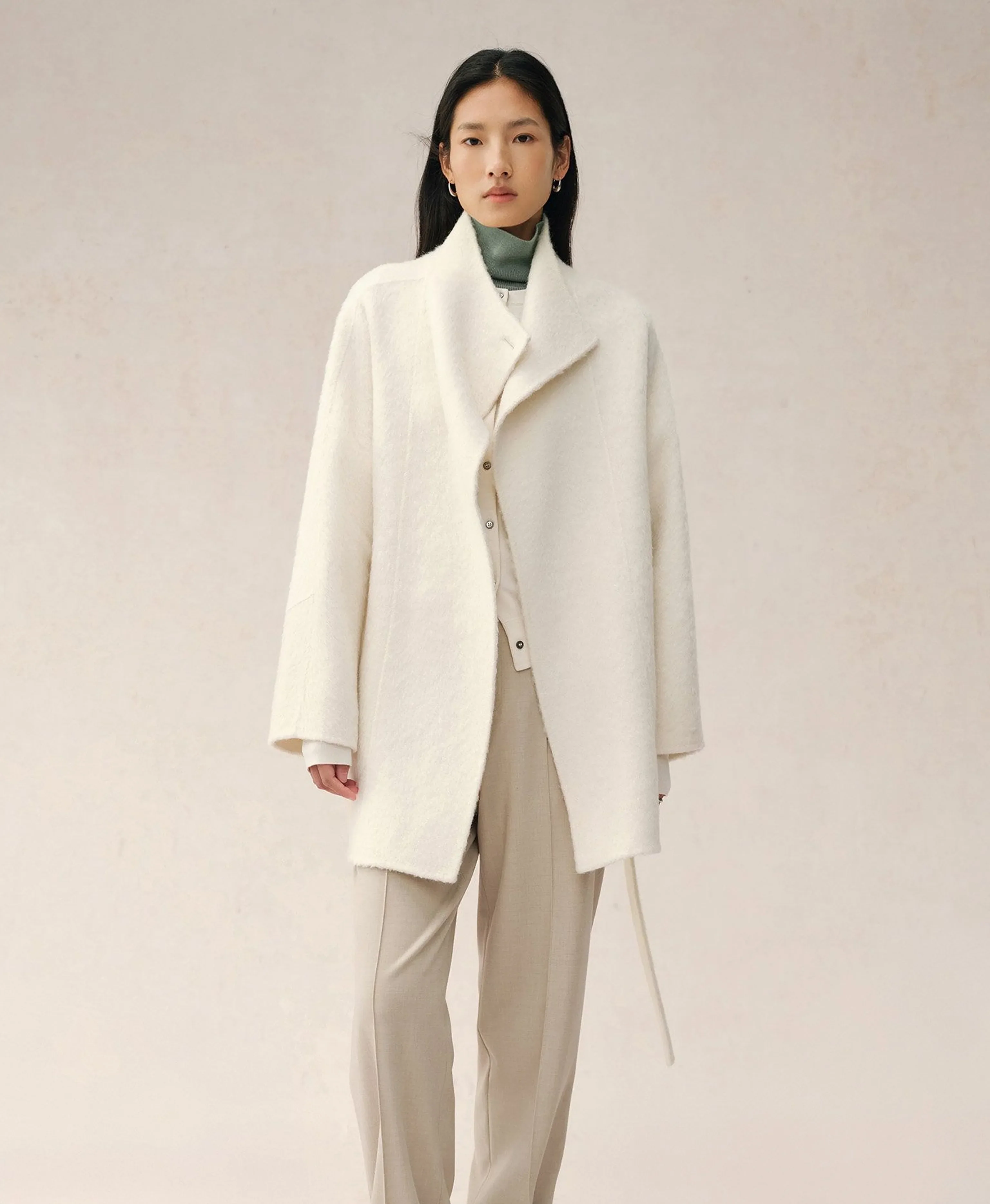 Ivory Stand Collar Alpaca Blend Coat - Image 3