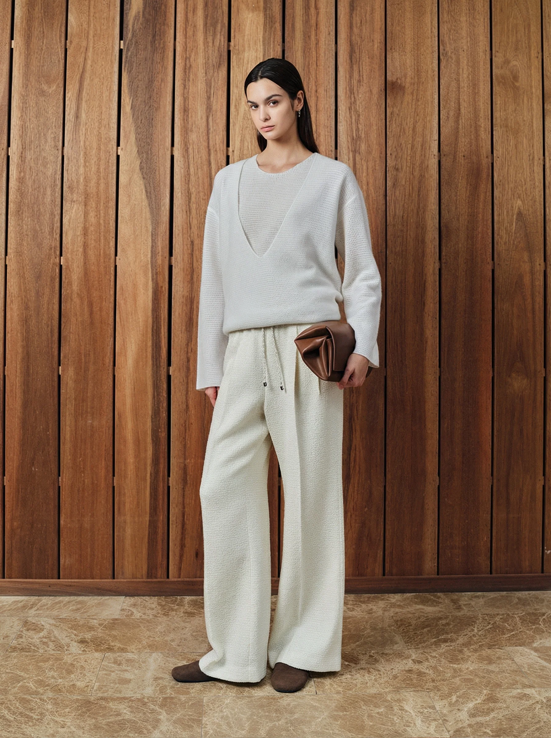 Ivory Wool Tweed Drawstring Trousers - Image 3