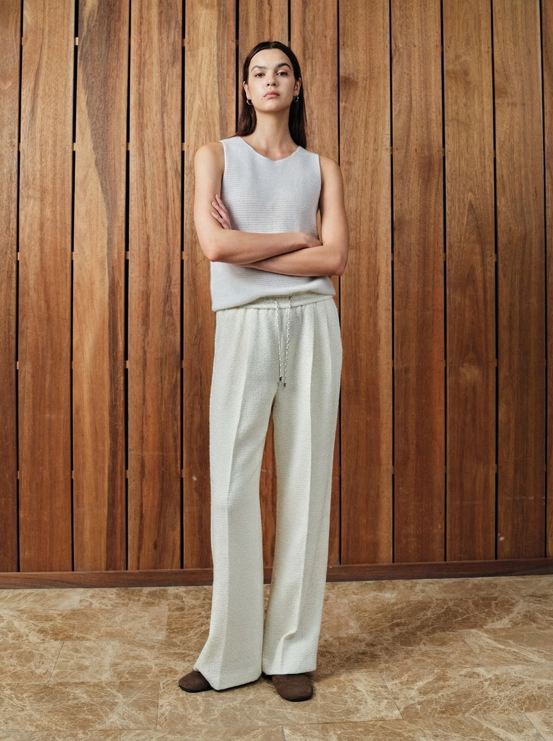 Ivory Wool Tweed Drawstring Trousers - Image 4