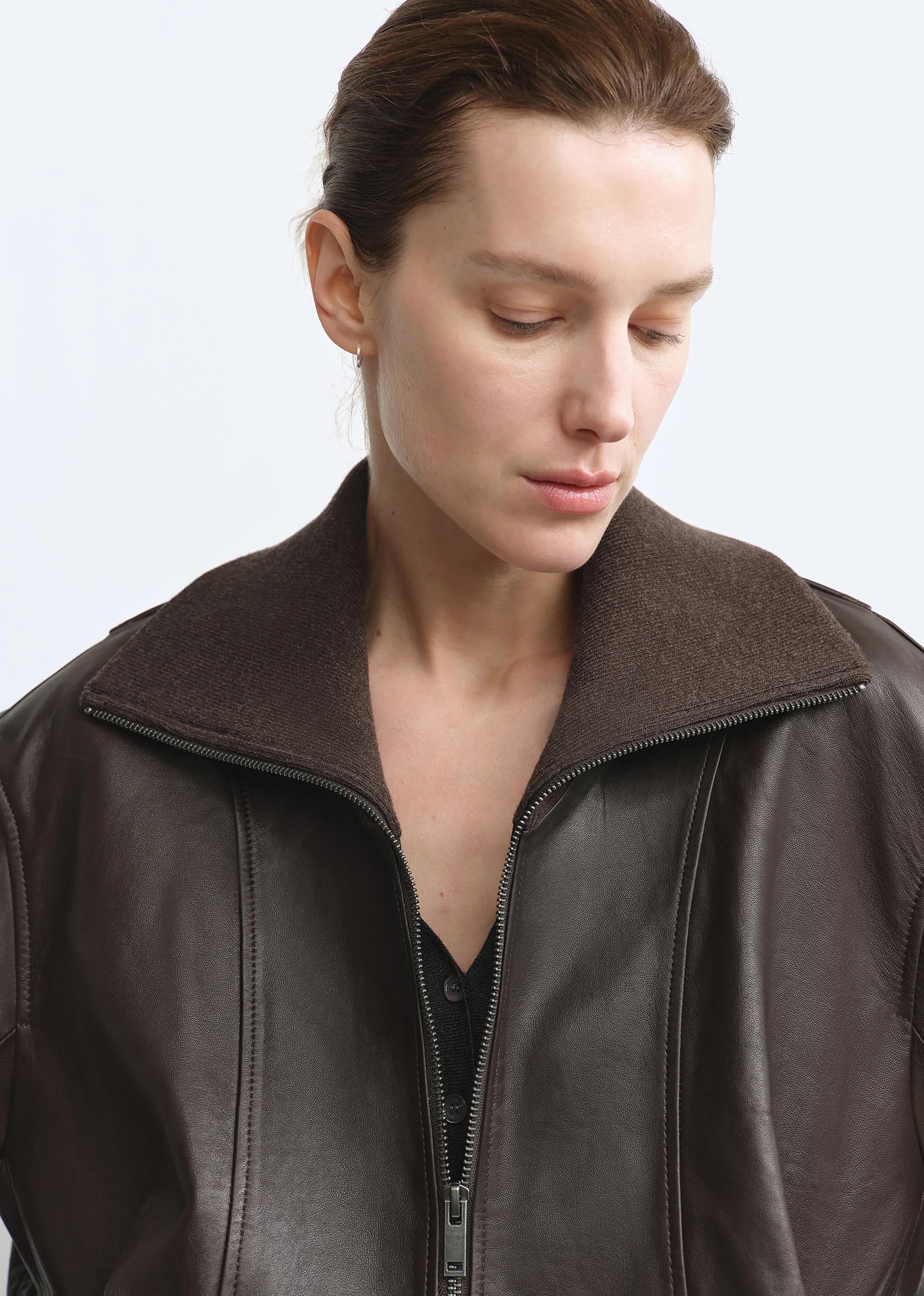 Knit Collar Lambskin Zip Jacket - Image 2