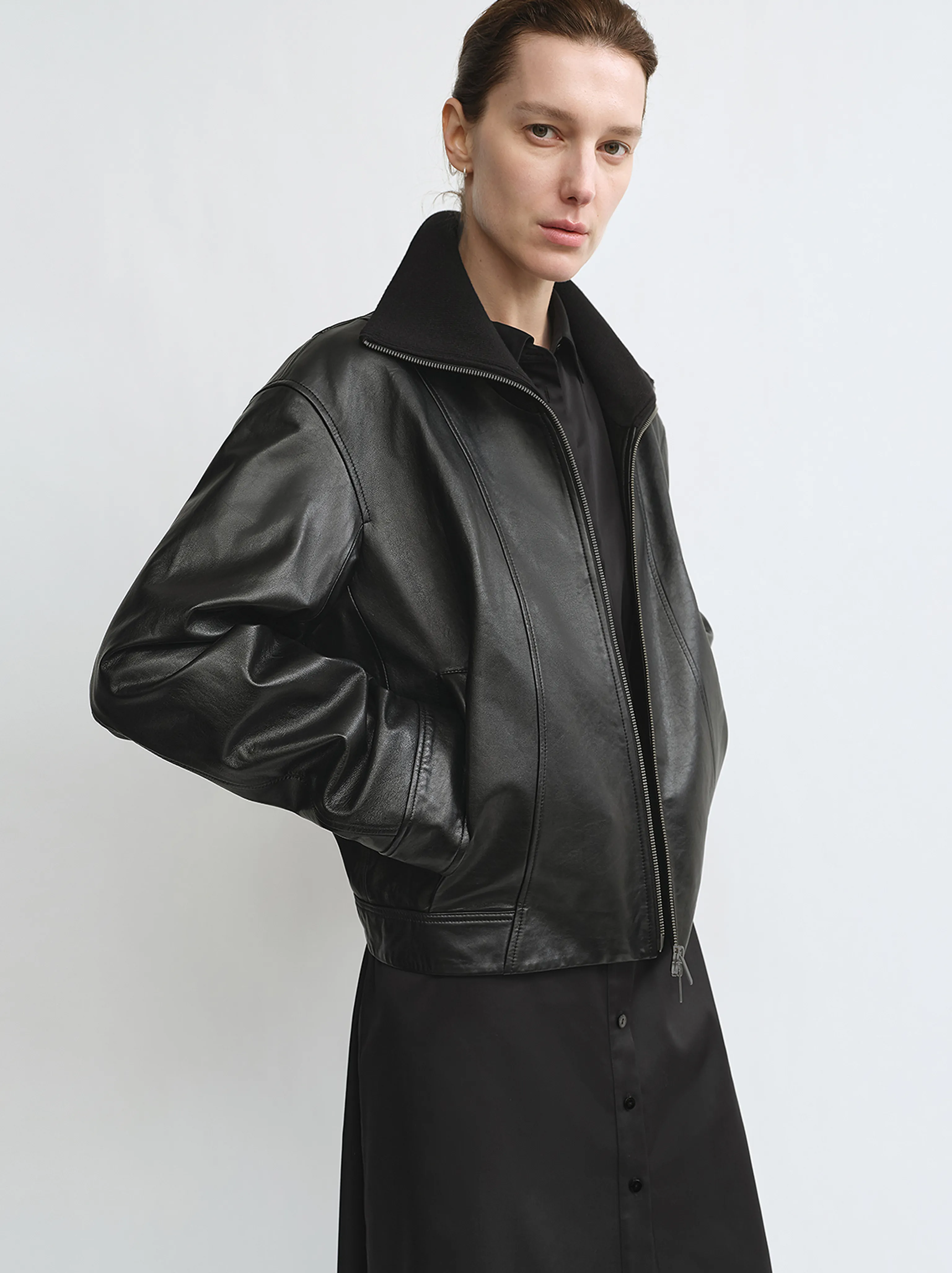 Knit Collar Lambskin Zip Jacket - Image 3
