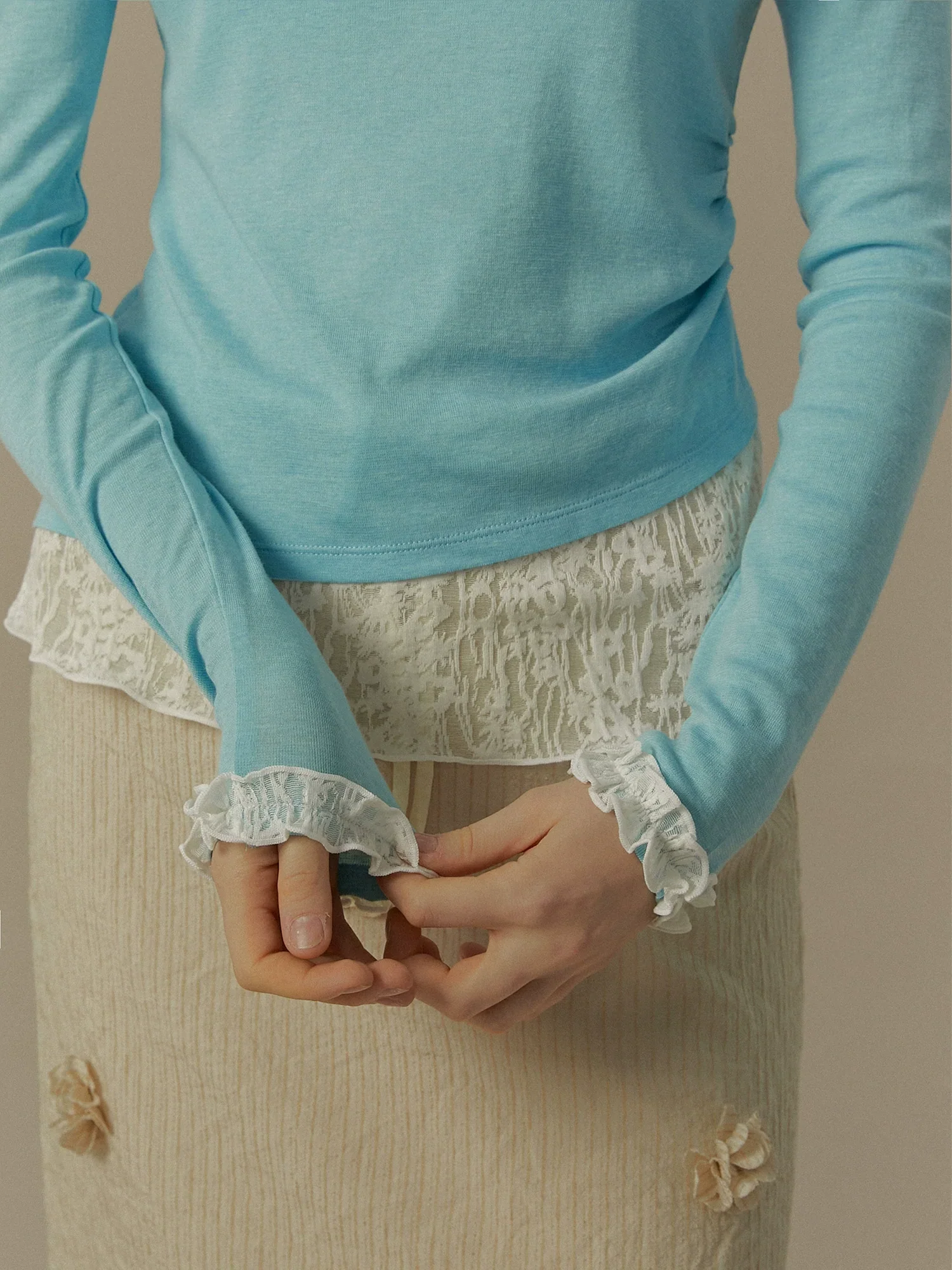 Lace-Trim Ruched Knit Top - Image 3