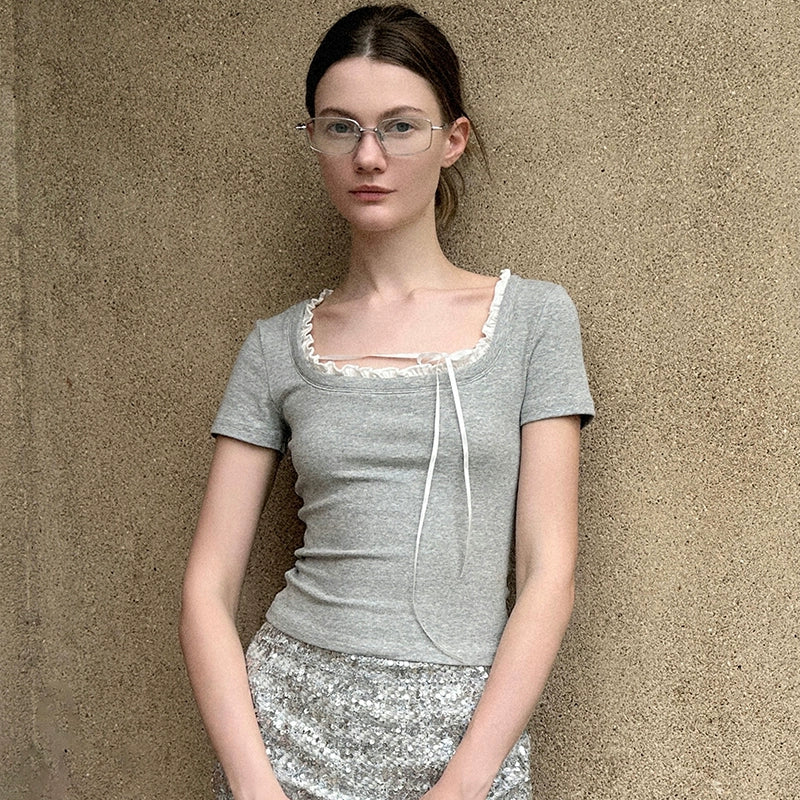 Lace Trim Short-Sleeve Top