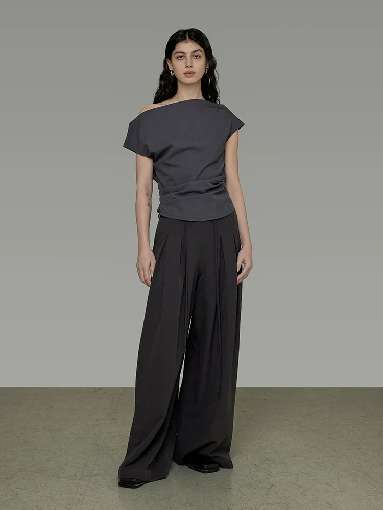 Lace-Up Pleated Wide-Leg Pants