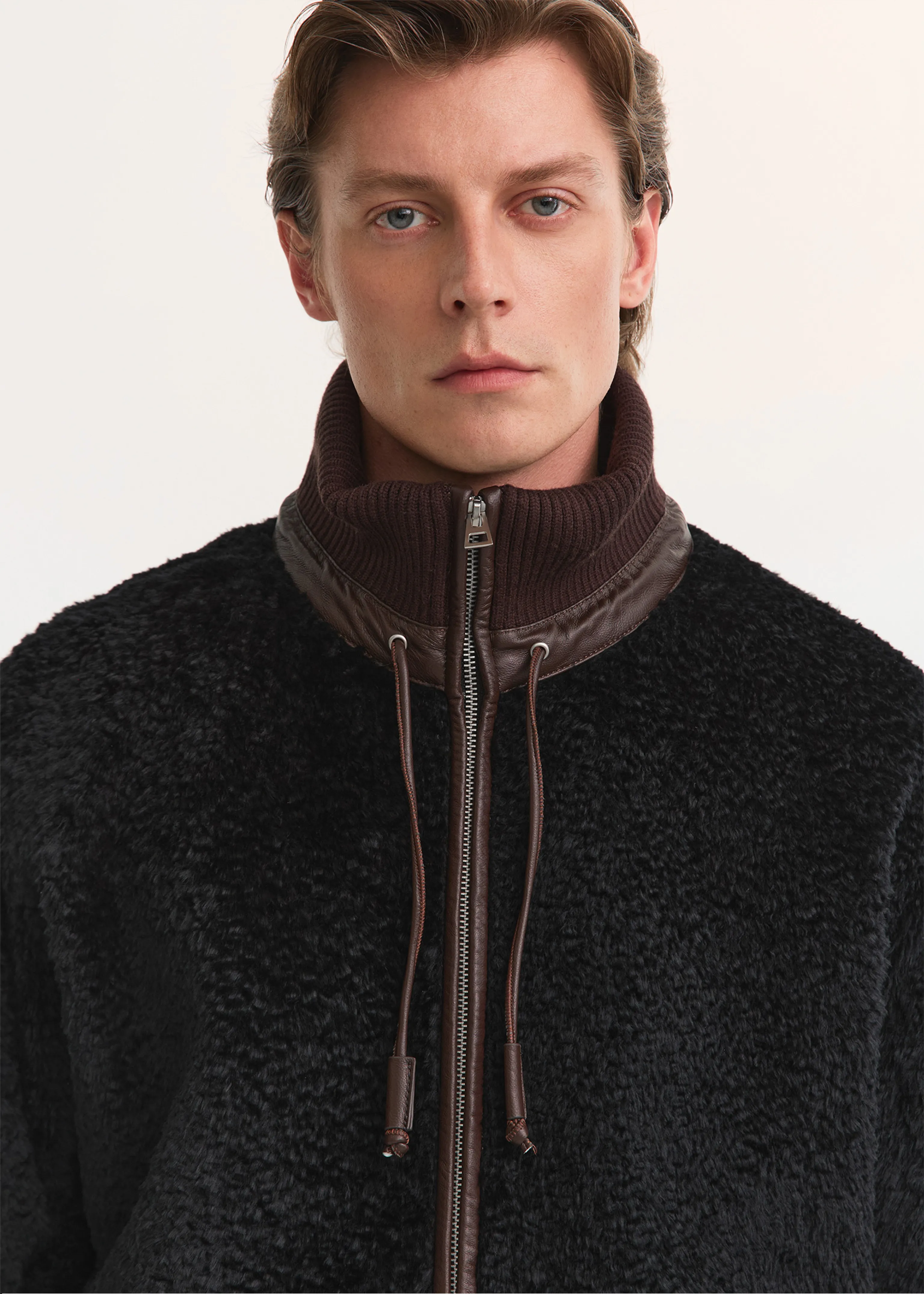 Lamb Shearling Stand-Collar Bomber Jacket