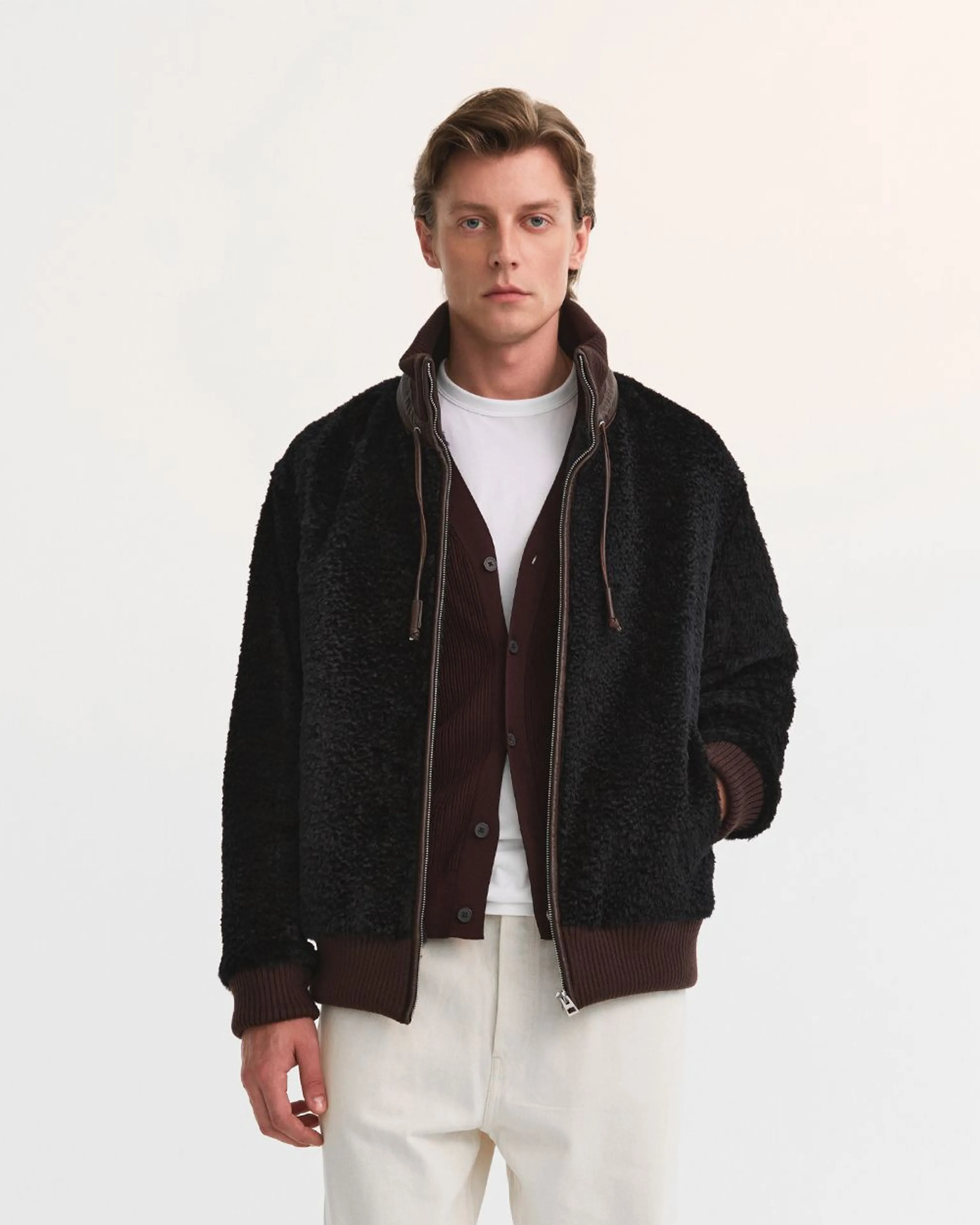 Lamb Shearling Stand-Collar Bomber Jacket - Image 4