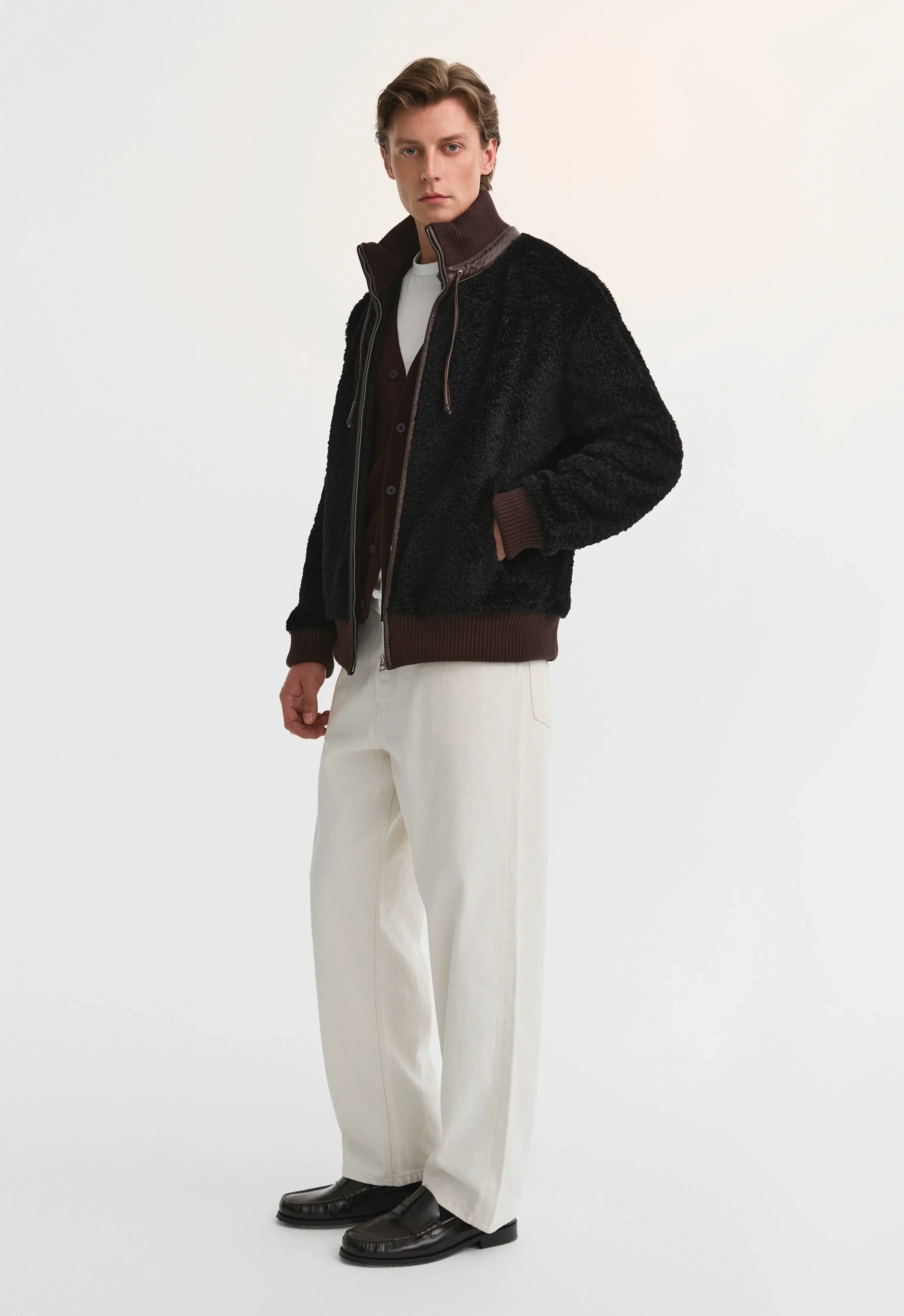 Lamb Shearling Stand-Collar Bomber Jacket - Image 5