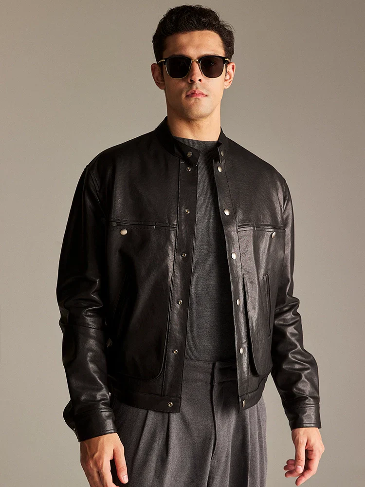 Lambskin Band-Collar Snap Jacket
