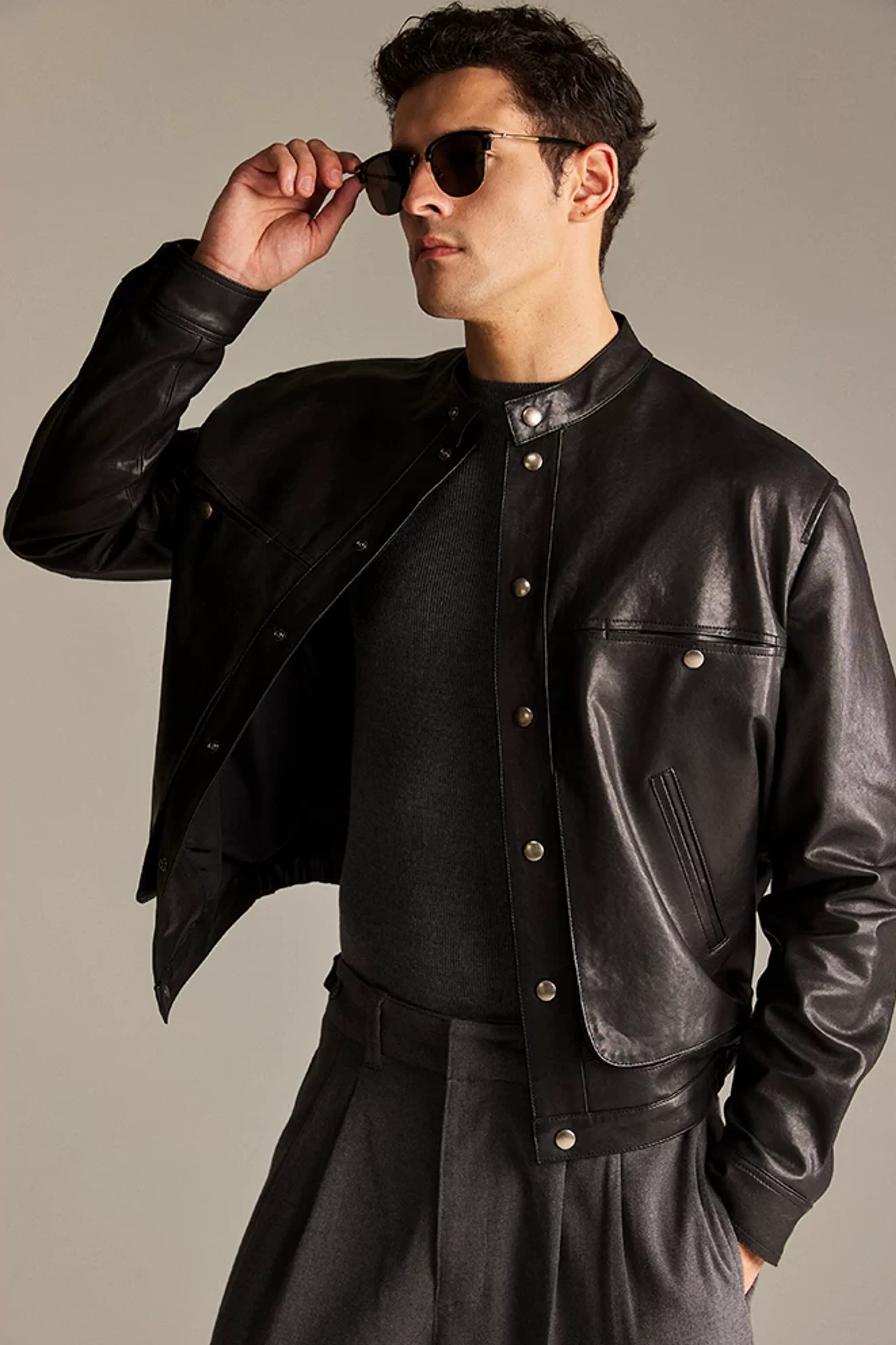 Lambskin Band-Collar Snap Jacket - Image 2