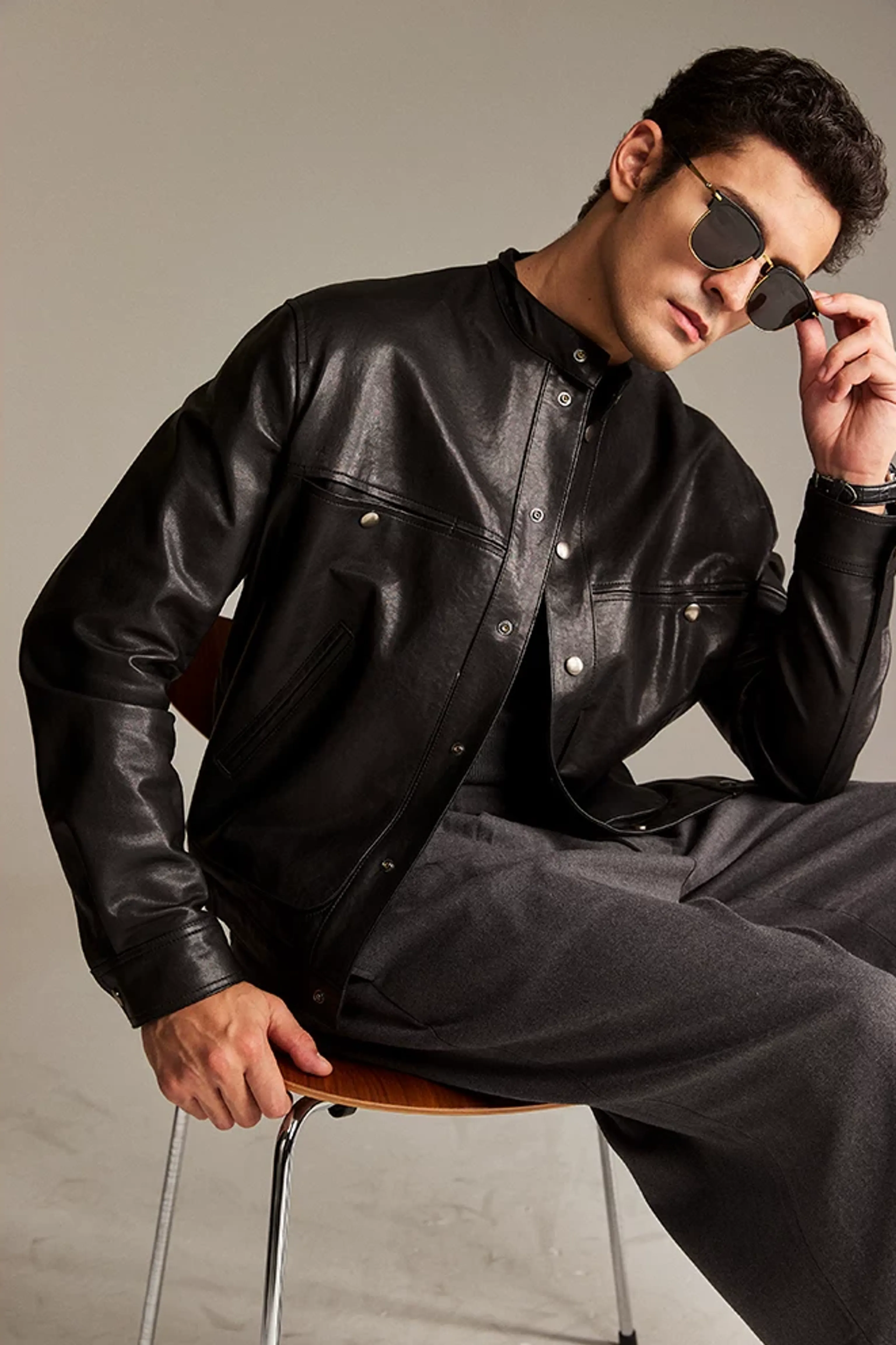 Lambskin Band-Collar Snap Jacket - Image 7