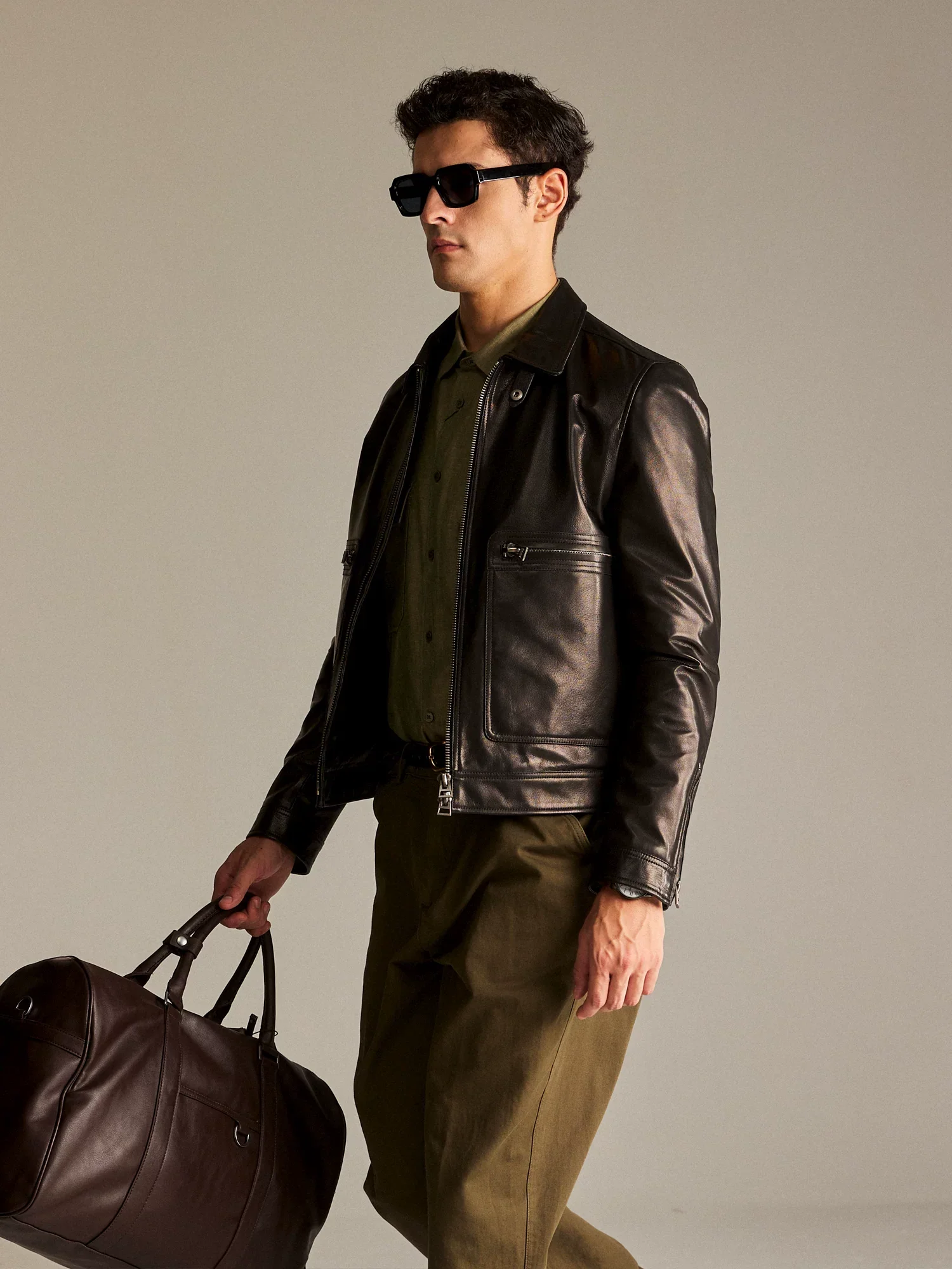Lambskin Shirt-Collar Leather Jacket