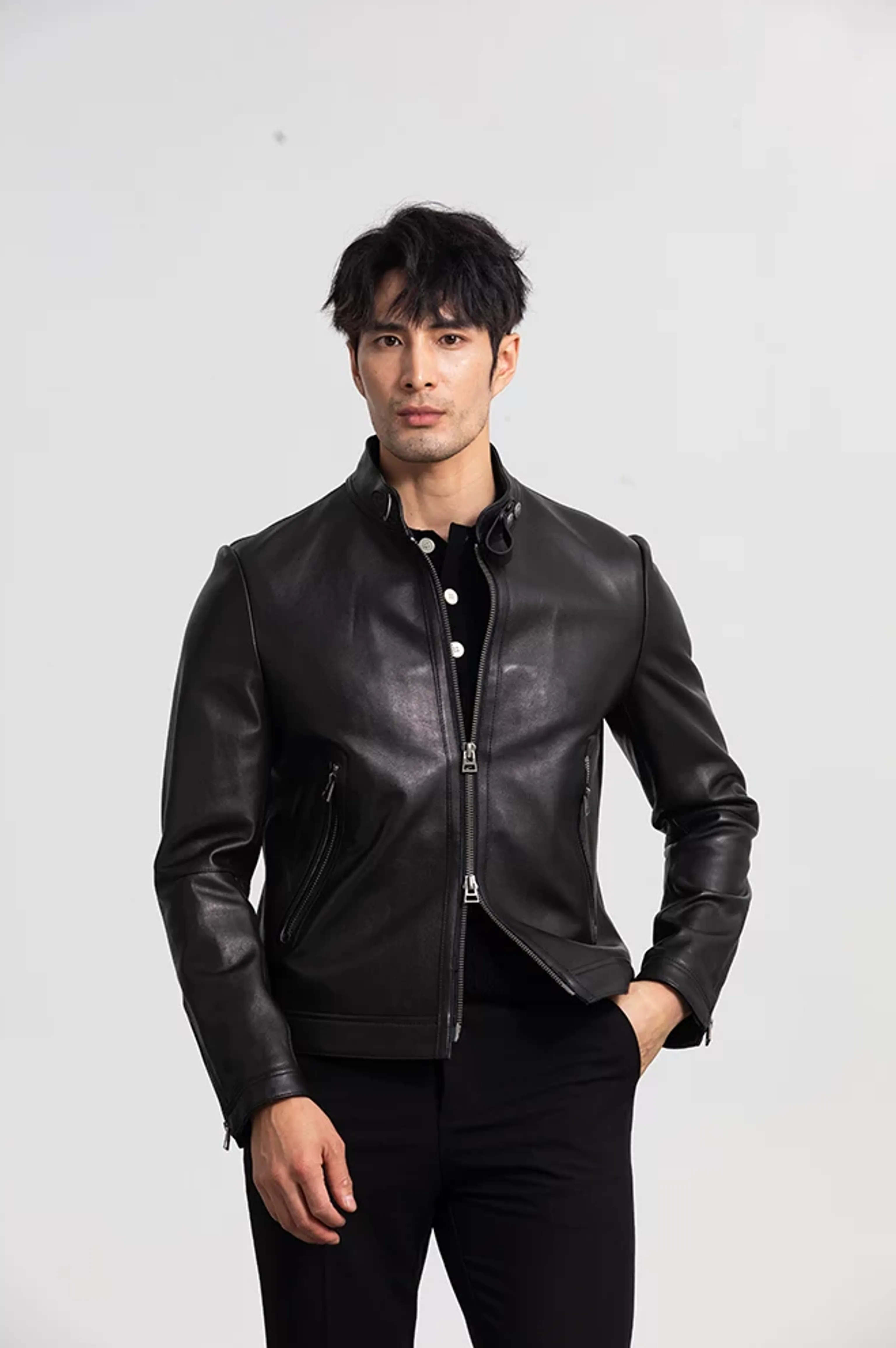 Lambskin Stand-Collar Racer Jacket - Image 3