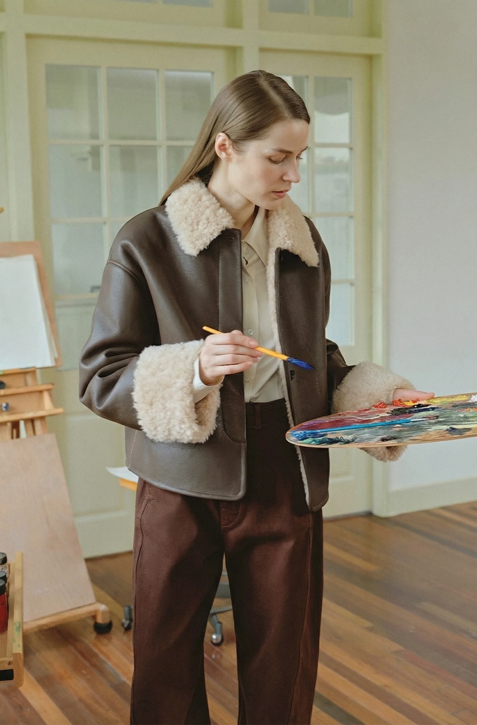 Latte Lapel Shearling Coat