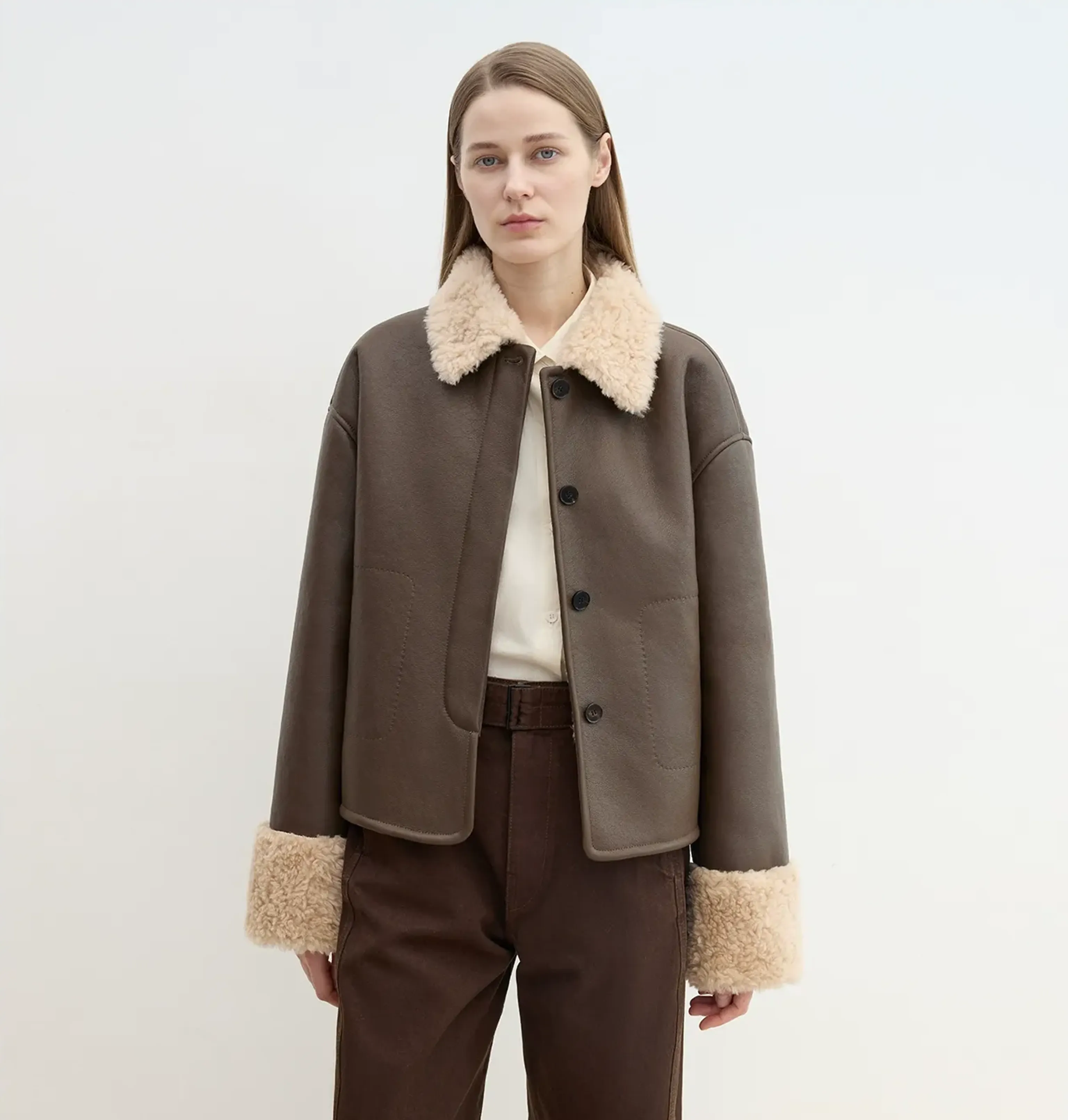 Latte Lapel Shearling Coat - Image 2