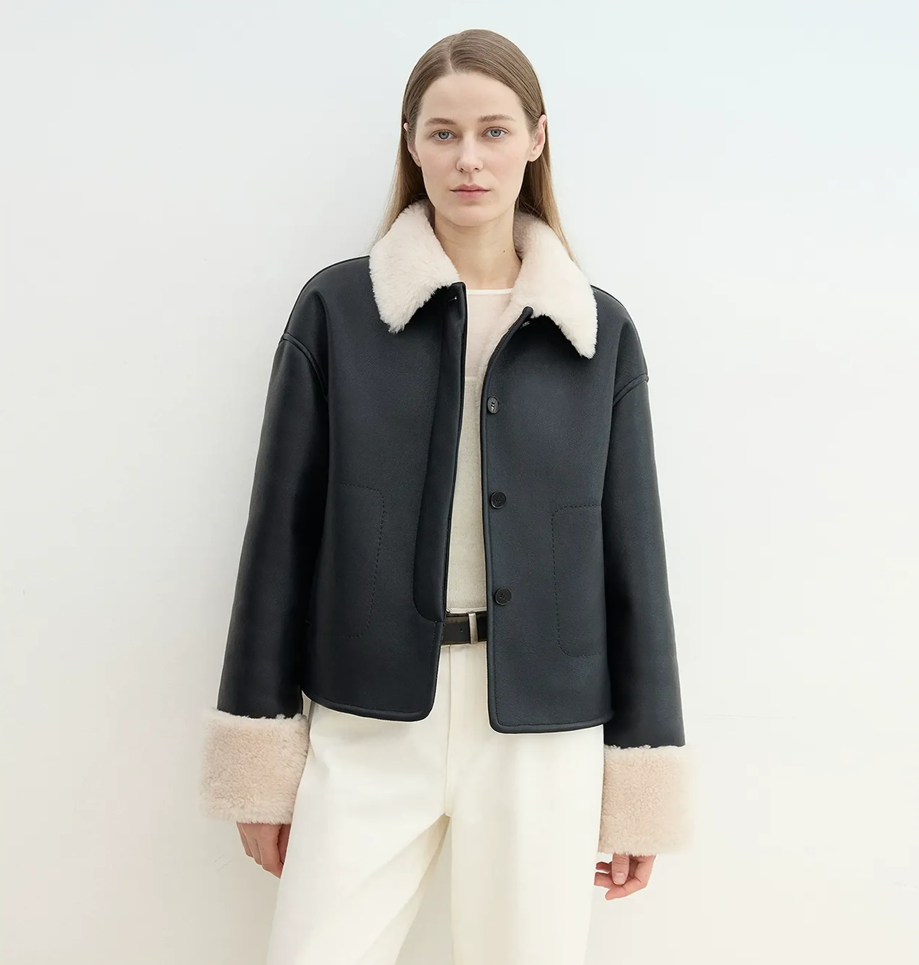 Latte Lapel Shearling Coat - Image 3
