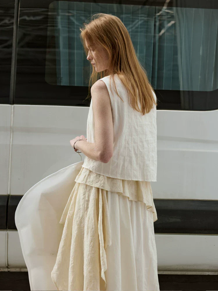 Layered Ramie Paisley Jacquard Dress - Image 4