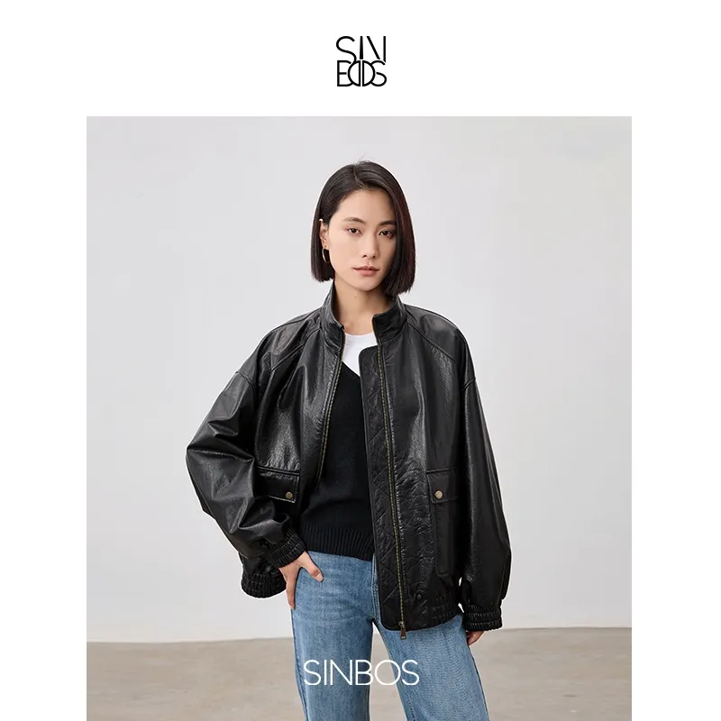 Leather Stand-Collar Bomber Jacket - Image 2